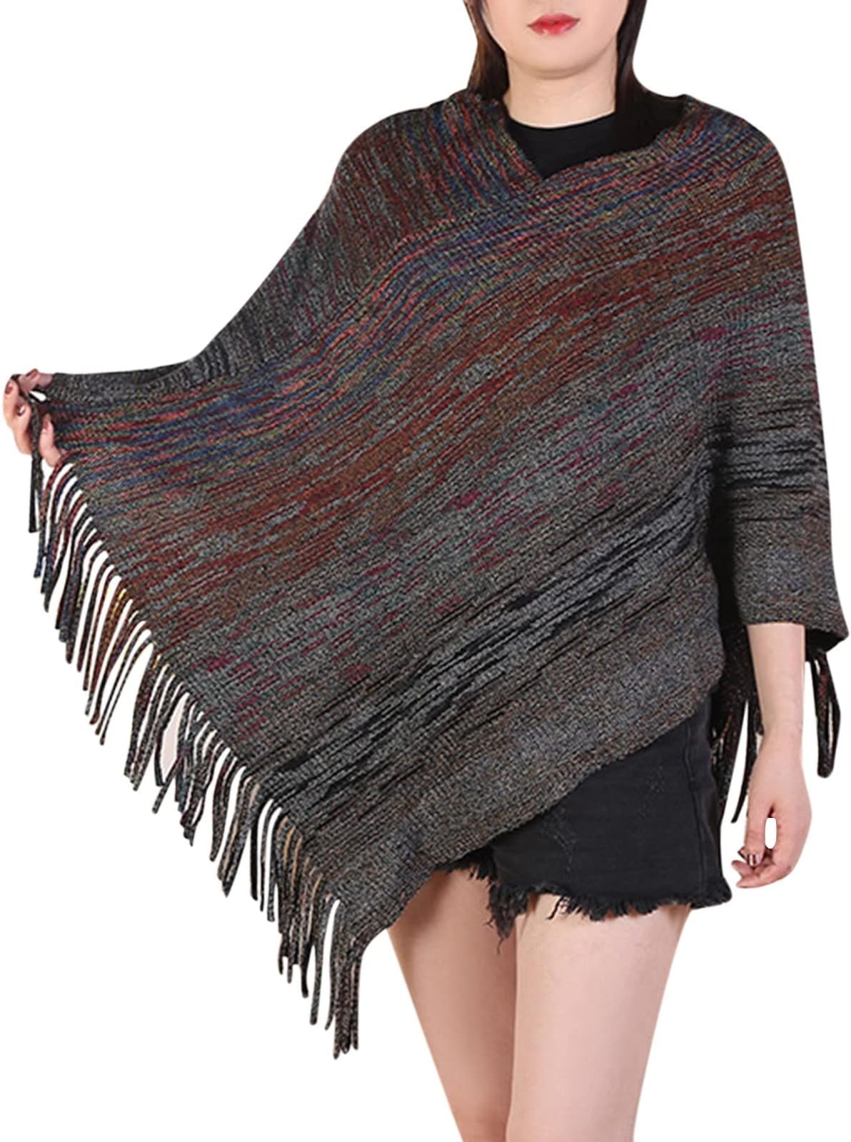 GenericLadies Women Satin Head Scarf Women Splice Poncho with Tassels Faux Plush Shawl Scarf Fringed Wraps Pashminas Sweater Pullover Cape Gifts for Women Sweater Tassel Hem Shawl Wrap Cloak