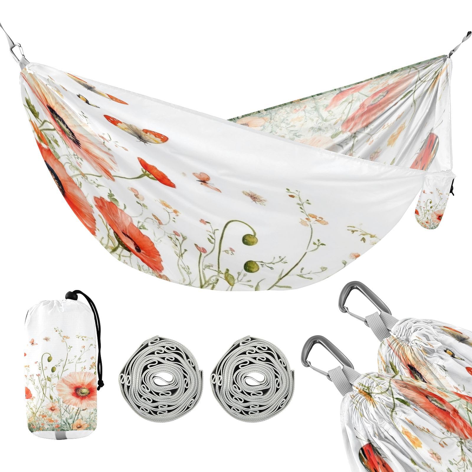 Haskirky Wildflowers Butterfly Camping Hammock, Single Portable Hammocks with Tree Straps & Attached Carry Bag, 330Lbs Capacity Perfect for Outside Indoor Hiking Beach Backpack Travel