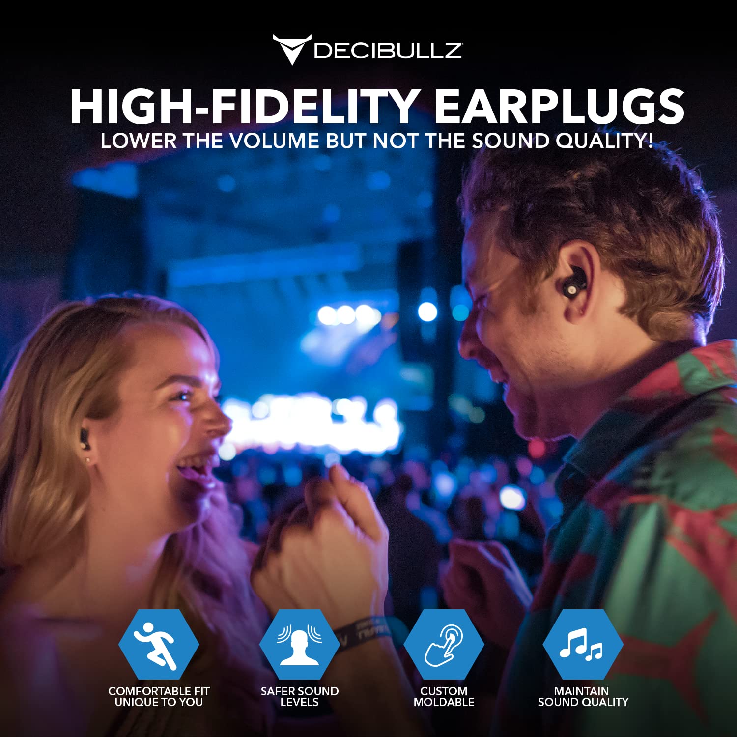 Image secondaire de Decibullz Filtres de bouchons d'oreille moulés sur mesure haute fidélité (Hi-Fi) pour concerts et événements (noir)