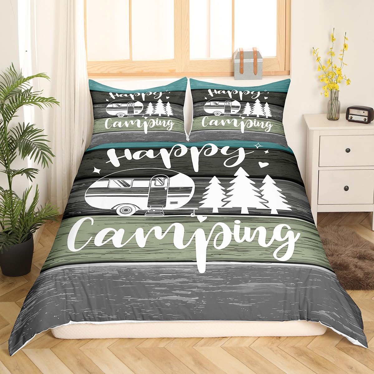 Camper Travel Trailers Decorations,Rustic Farmhouse Style Duvet Cover for Kids Boys Girls Teens,Pine Tree Drawing Design Bedroom Decor Comforter Cover Full(No Filler)