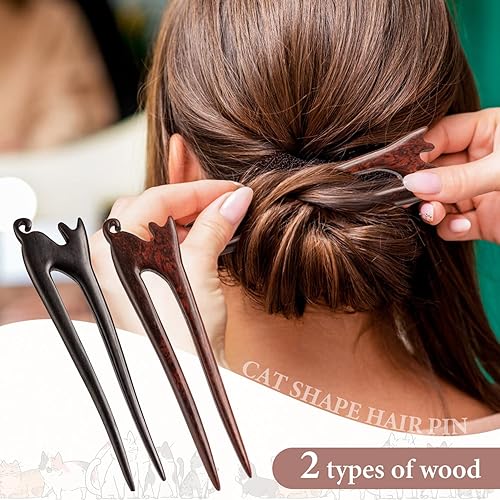 Miniatura 6 de Noverlife 2 varillas de pelo de madera en forma de U, hechas a mano, de ébano tallado, sándalo francés, con bonito diseño de gatito de gato,