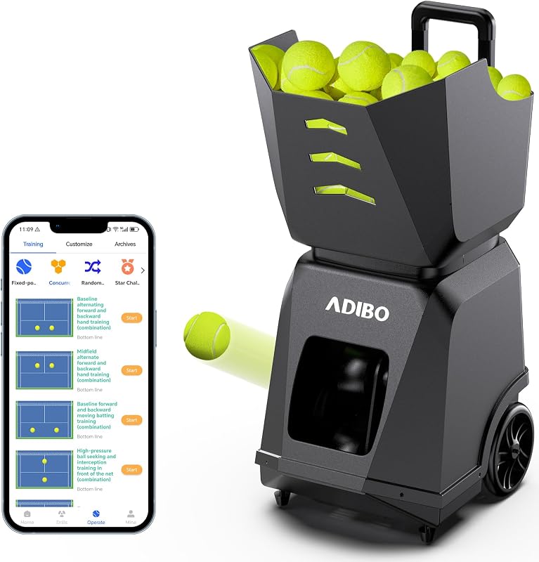 Máquina de pelotas de tenis ADIBO, oscilación interna, programación auténtica, motores duales con giro superior y retroceso, más de 160 pelotas, tiempo de funcionamiento continuo de 6 horas, control de voltaje estable (T500 PRO)
