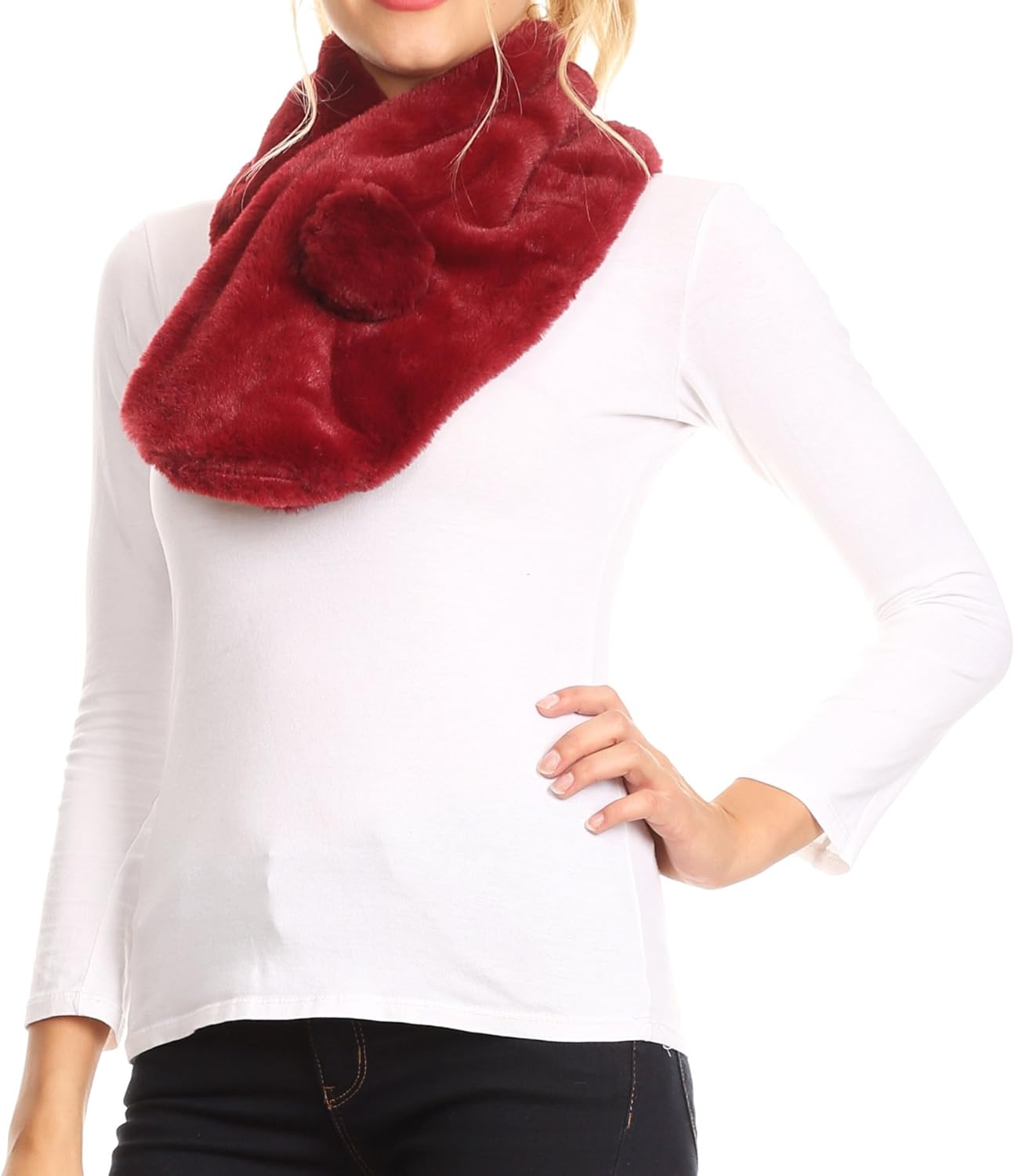 Sakkas Elise Faux Fur Mink Soft Warm Scarf with Pom-Pom - Image 3