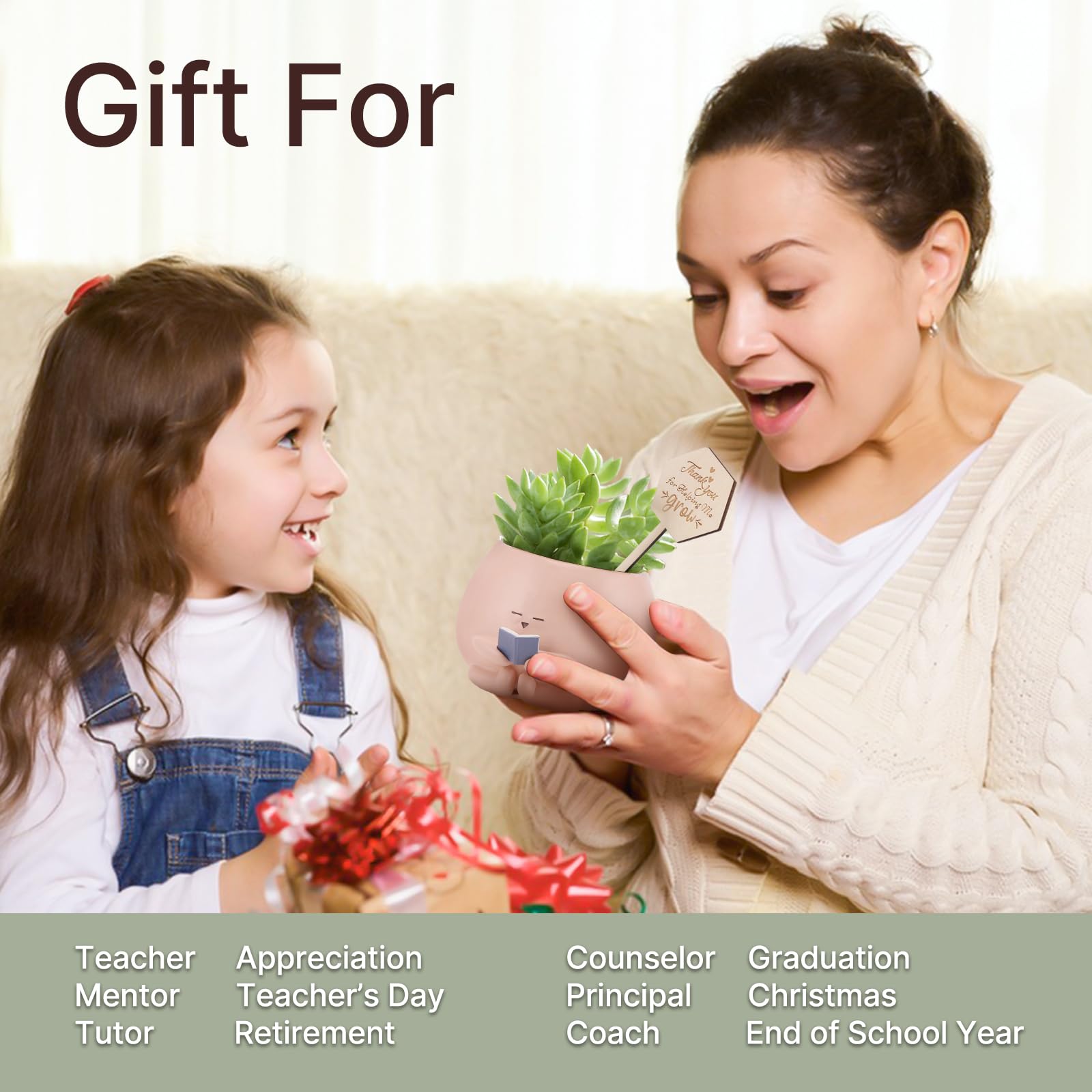 Maceta de gusano de biblioteca para regalo para amantes de los libros y las plantas con tarjeta de agradecimiento, regalo de apoyo emocional, regalo de agradecimiento para el día del padre