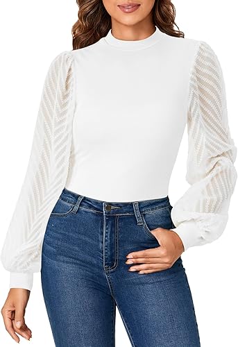 LYANER Women's Casual Mesh Sleeve Shirts Elegant Blouse Spring Tops White Small