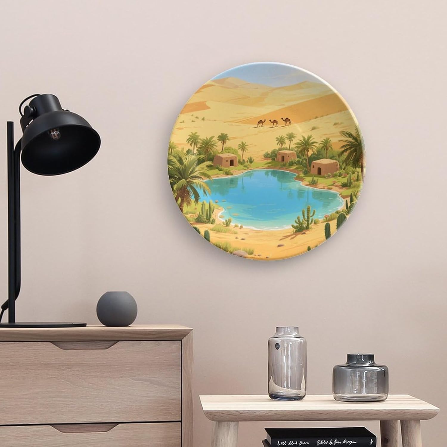 Bone China Decorative Plates Desert Oasis Ceramic Decorative Plate Wall Decor with Display Stand Ceramic Ornaments for Wall Hanging Decoration