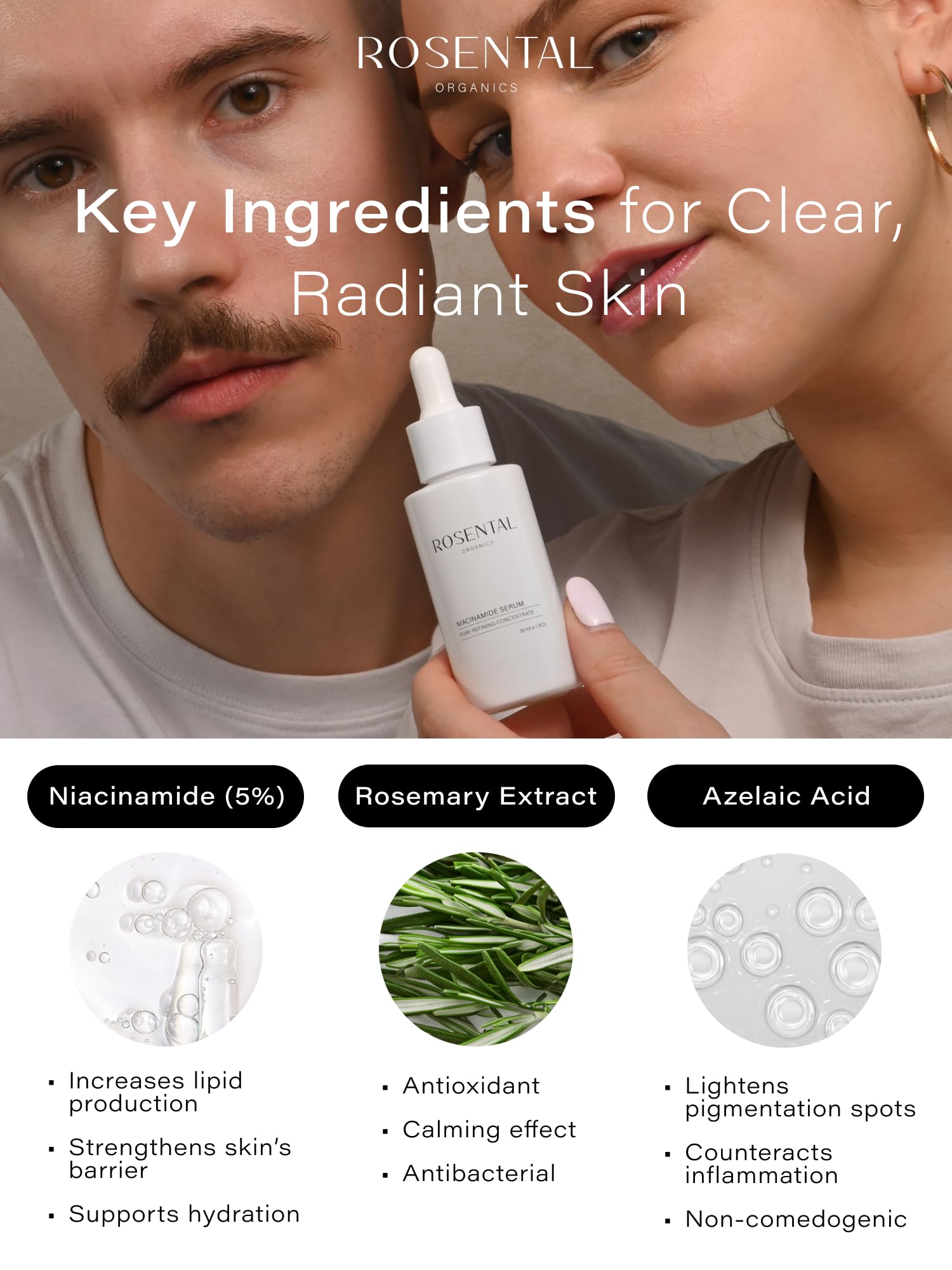 Rosental Organics Niacinamide+ serum do oczyszczania porów – 5% niacynamidu i kwasu azelainowego do rozjaśniania plam pigmentowych i blizn potrądzikowych