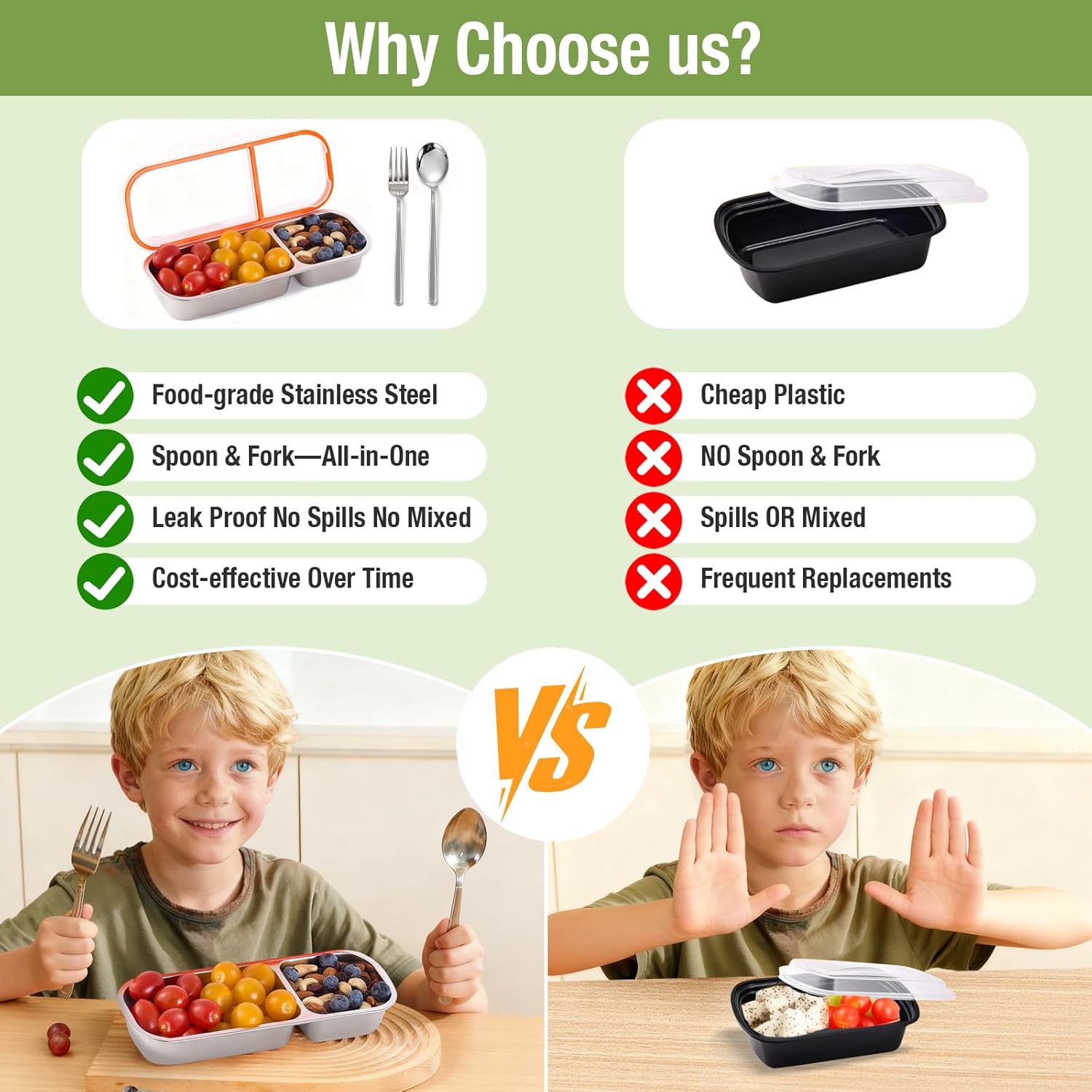 2 Pack Stainless Steel Snack Containers with Fork & Spoon, 2 Compartment Metal Bento Lunch Box with Leakproof Lids, Reusable Snack Bento Prep Containers for Daycare, School, Office, Travel - Image 4