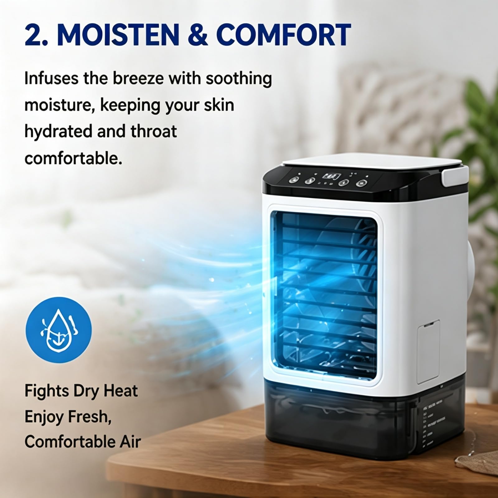 Condizionatori d'aria portatili, ventola di raffreddamento CA silenziosa a 3 velocità (senza spruzzo) | Doppia ghiacciaia riutilizzabile con modalità Boost per un comfort istantaneo, sfuggire al caldo estivo torrido in 3 secondi