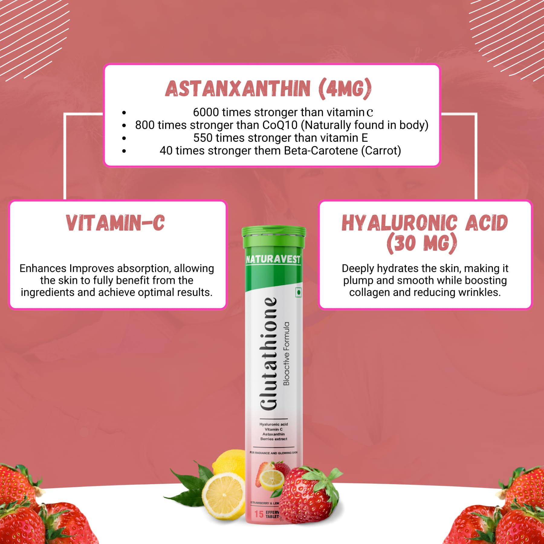 Glutathione 600 mg for skin whitening, For Pigmentations and Glowing Skin Powerhouse of Antioxidants with Bioactive Formula, (Strawberry & Lemon flavour) (30 tablets - Pack of 2) 3