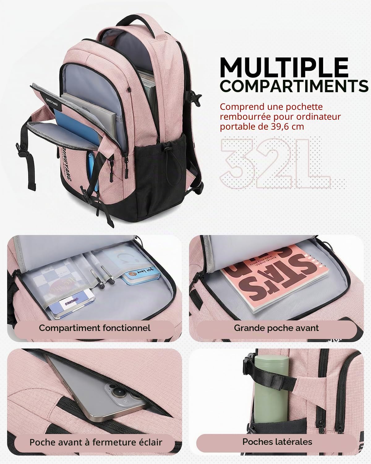 Sac à Dos pour Adolescents Filles - Grand Cartable Fille Respirant de 32L pour le College Lycée et Universités - Sac a Dos Loisirs Tendance pour Portable 15.6", Rose