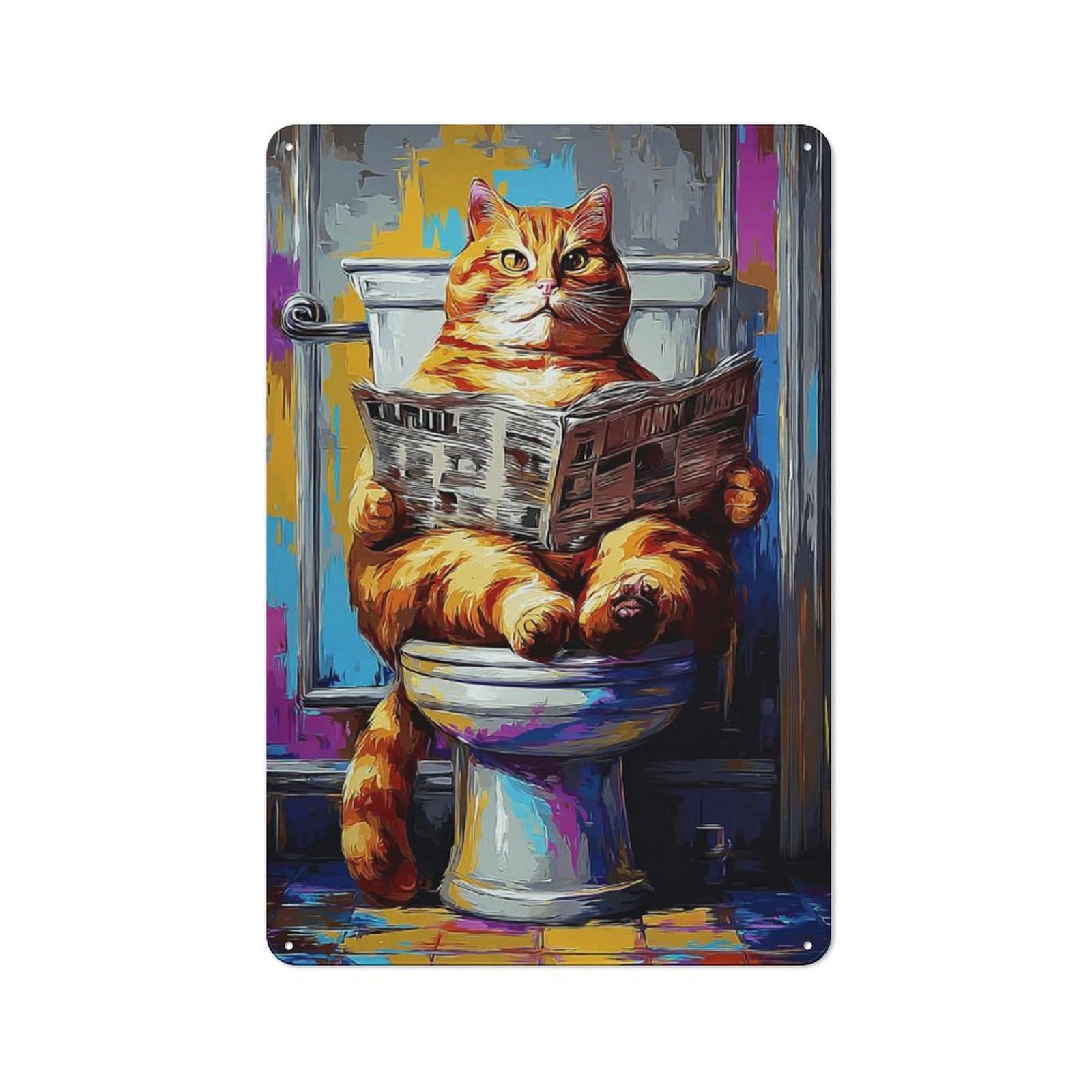 Junmoney Cat On Toilet Reading Newspaper -7 Metal Wall Sign 30X20cm Featuring For Café Or Home Bar, A Winter Wall Decor Update For Hospitality Decor Collectors