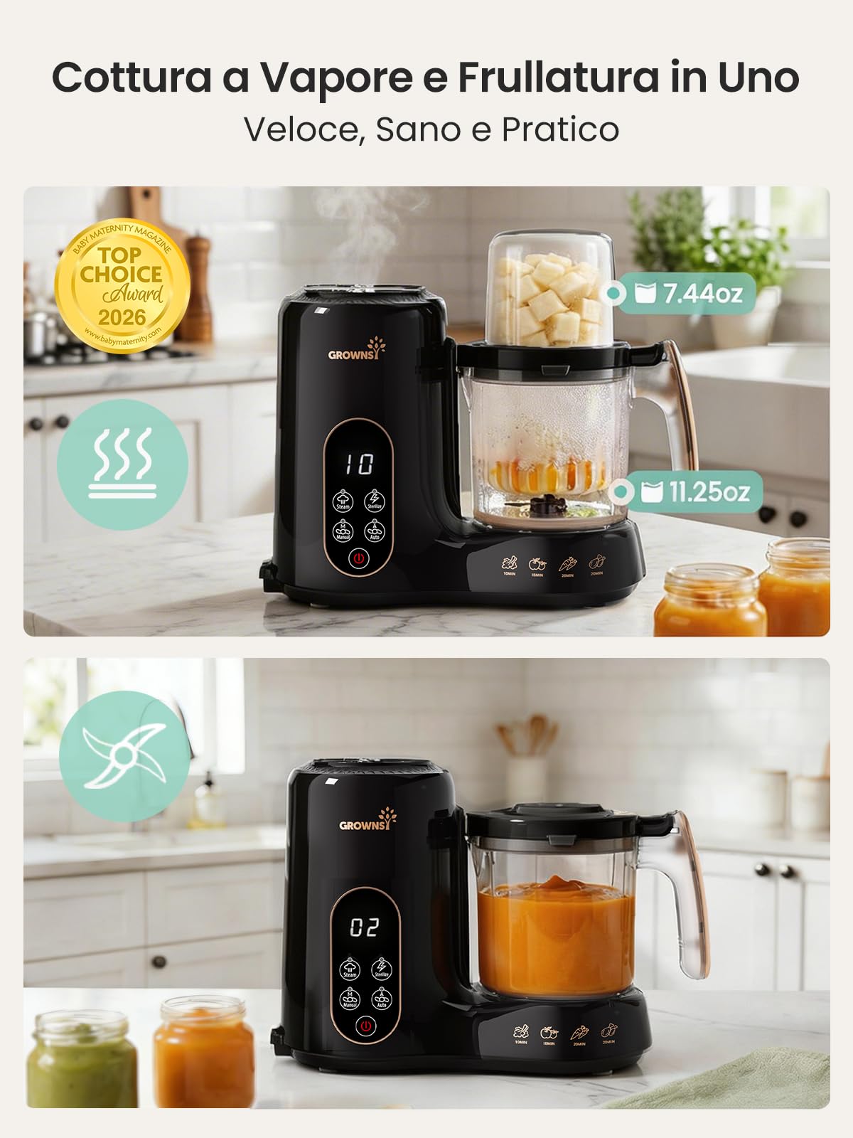 Grownsy Cuocipappa Multifunzione 7-in-1 Robot Cucina per Svezzamento con Doppio Cestello a Vapore, BPA Free