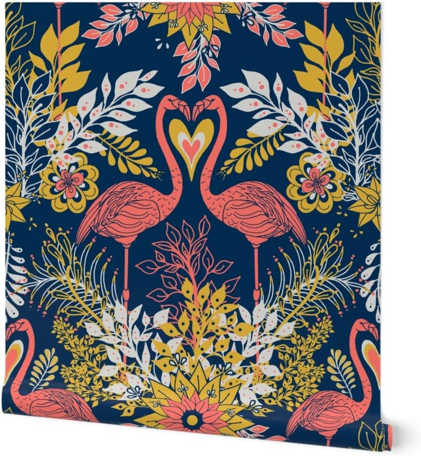 Peel & Stick Wallpaper 3ft x 2ft - Flamingo Water Garden Flowers Floral Birds Animals Heart Love Custom Removable Wallpaper by Spoonflower