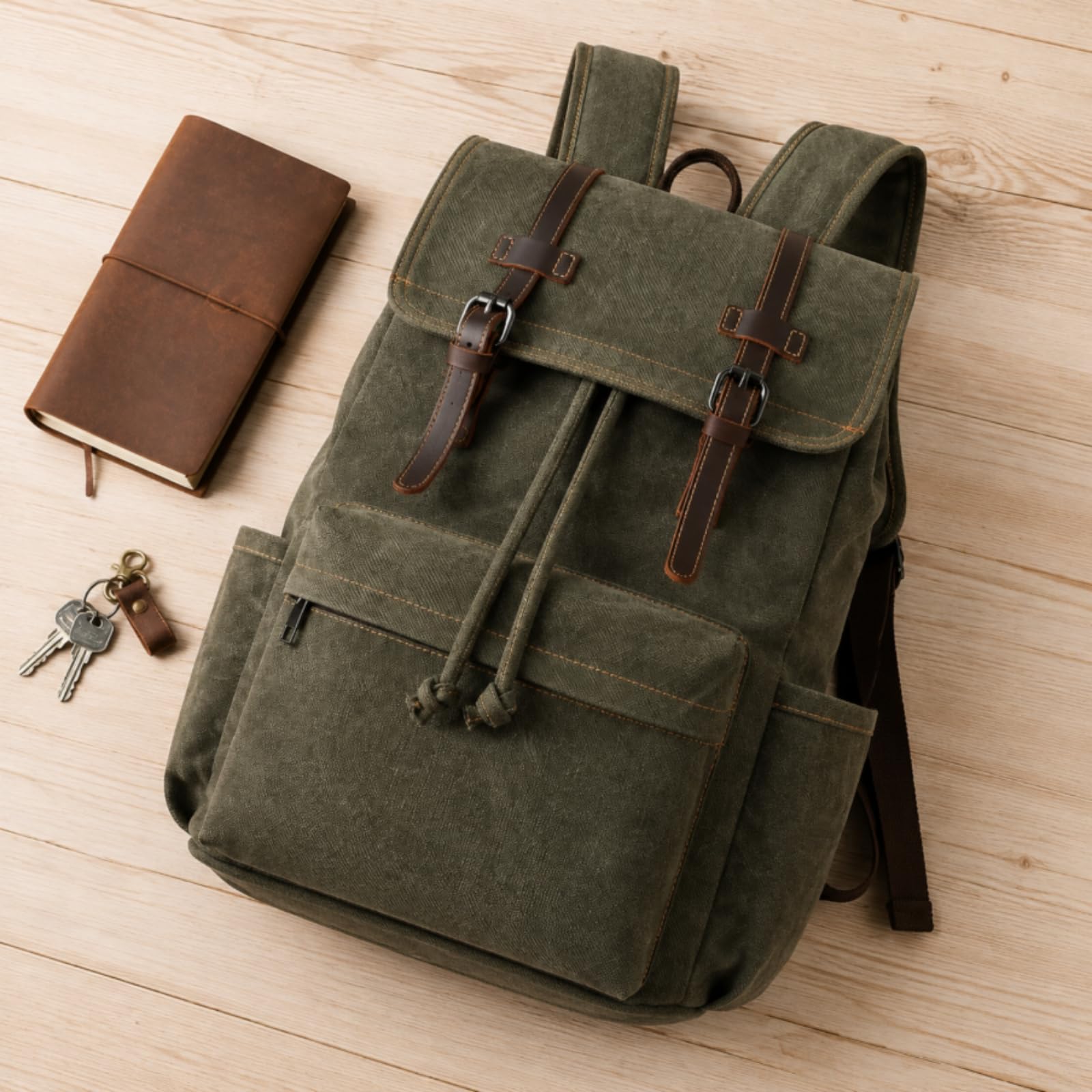 Zaino in Tela Multitasche Zaino con Fibbie Robusto per Studenti, Viaggiatori, Università, Marrone, Marrone Caffè