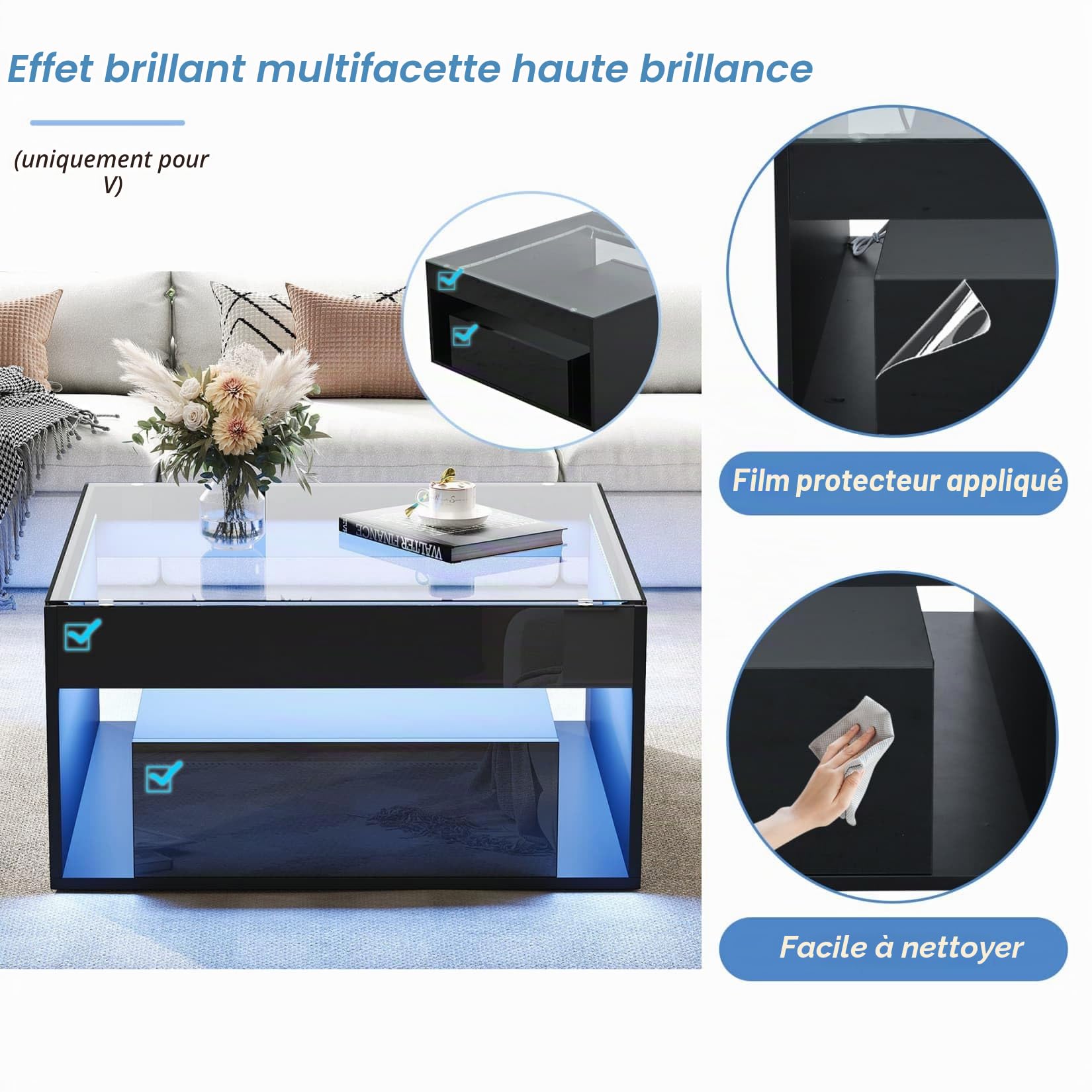 Table Basse Salon Brillante 70x70x35cm,Table D'appoint,Meuble Bas Rangement avec Lampe LED Réglable,Table en Verre trempé,2 Tiroirs,pour Bout de Canape,Bureau,Salon (Noir)
