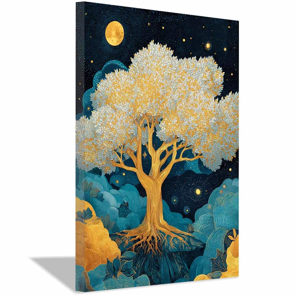 HOQIU Tree Of Life Wall Art Divine Golden Tree canvas prints, nature wall art, for Bathroom Home Office Decor(Multicolor)-70x100cm Framed