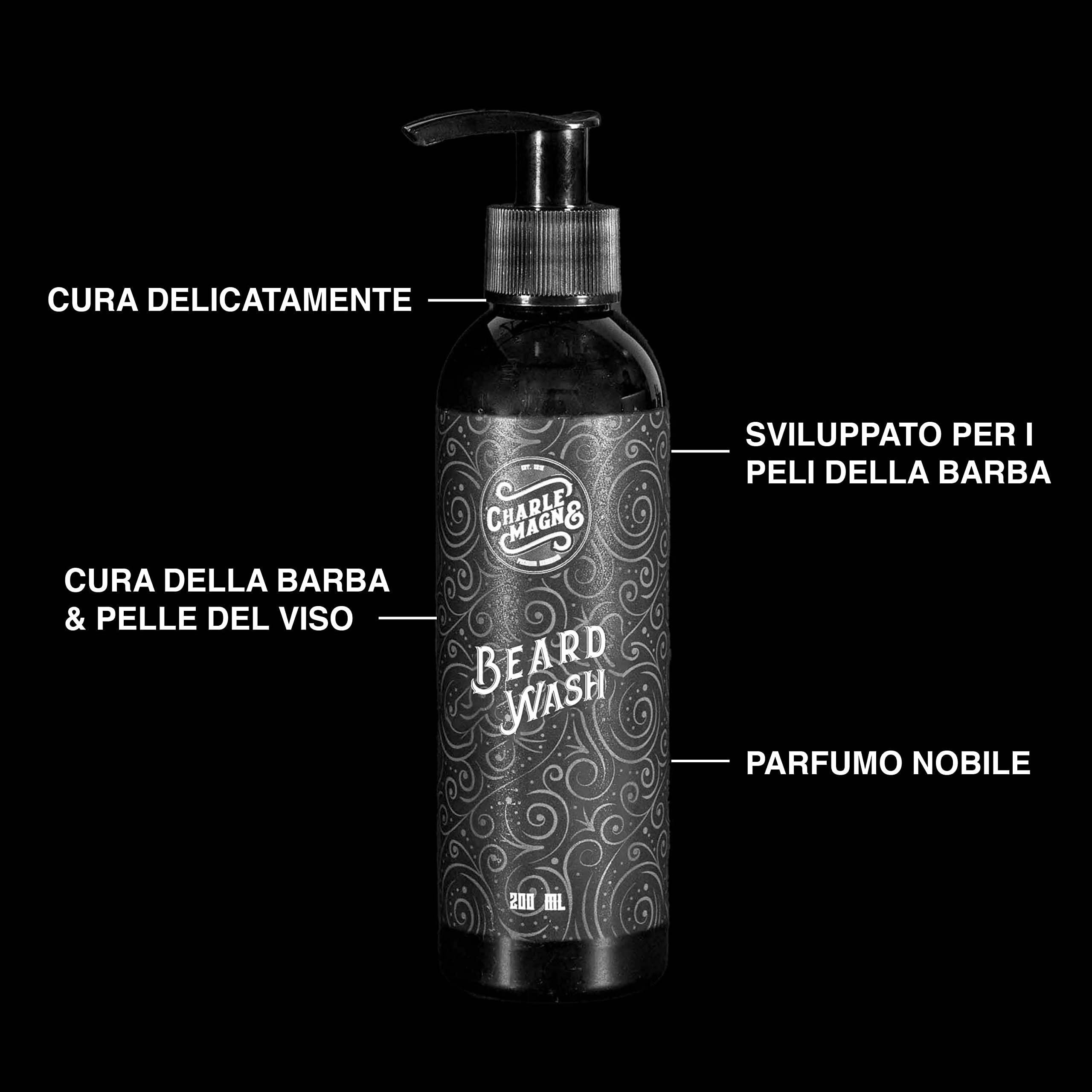 Charlemagne Beard Wash - Shampoo e Sapone per Uomo Made in Germany - Gel Lavaggio e Balsamo per Cura Delicata della Barba - Ideale per Pelle Secca