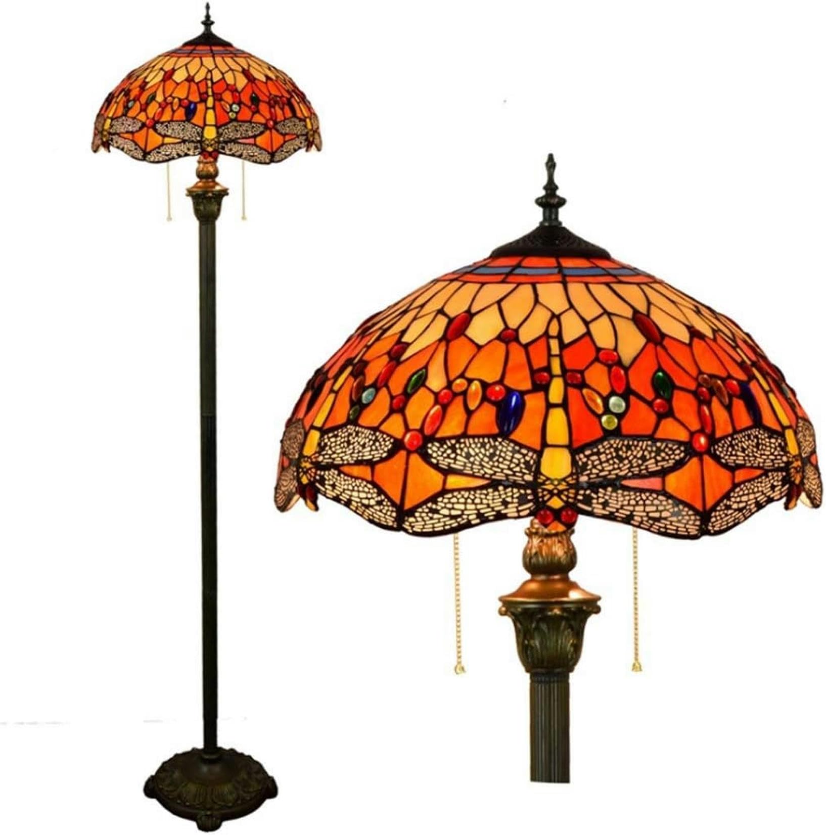 Lámpara de pie de vidrieras artesanales con libélula de 64" de alto y base vintage de resina