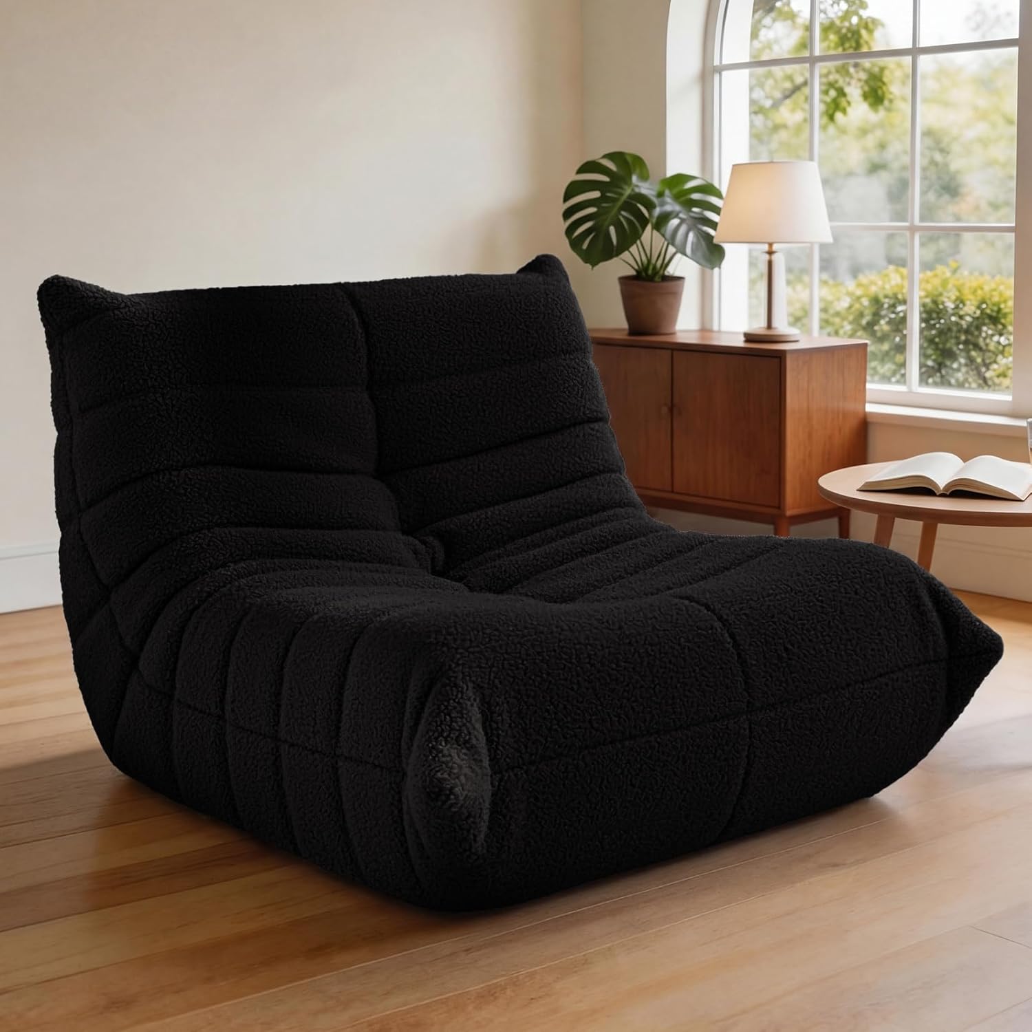 HABUTWAY Bean Bag Chairs Fireside Lazy Floor Sofa, Soft Teddy Fleece Bean Bag Sofa with High-Resilience Foam Filling，Beanbag for Living Room, Bedroom, Office (Black Teddy)