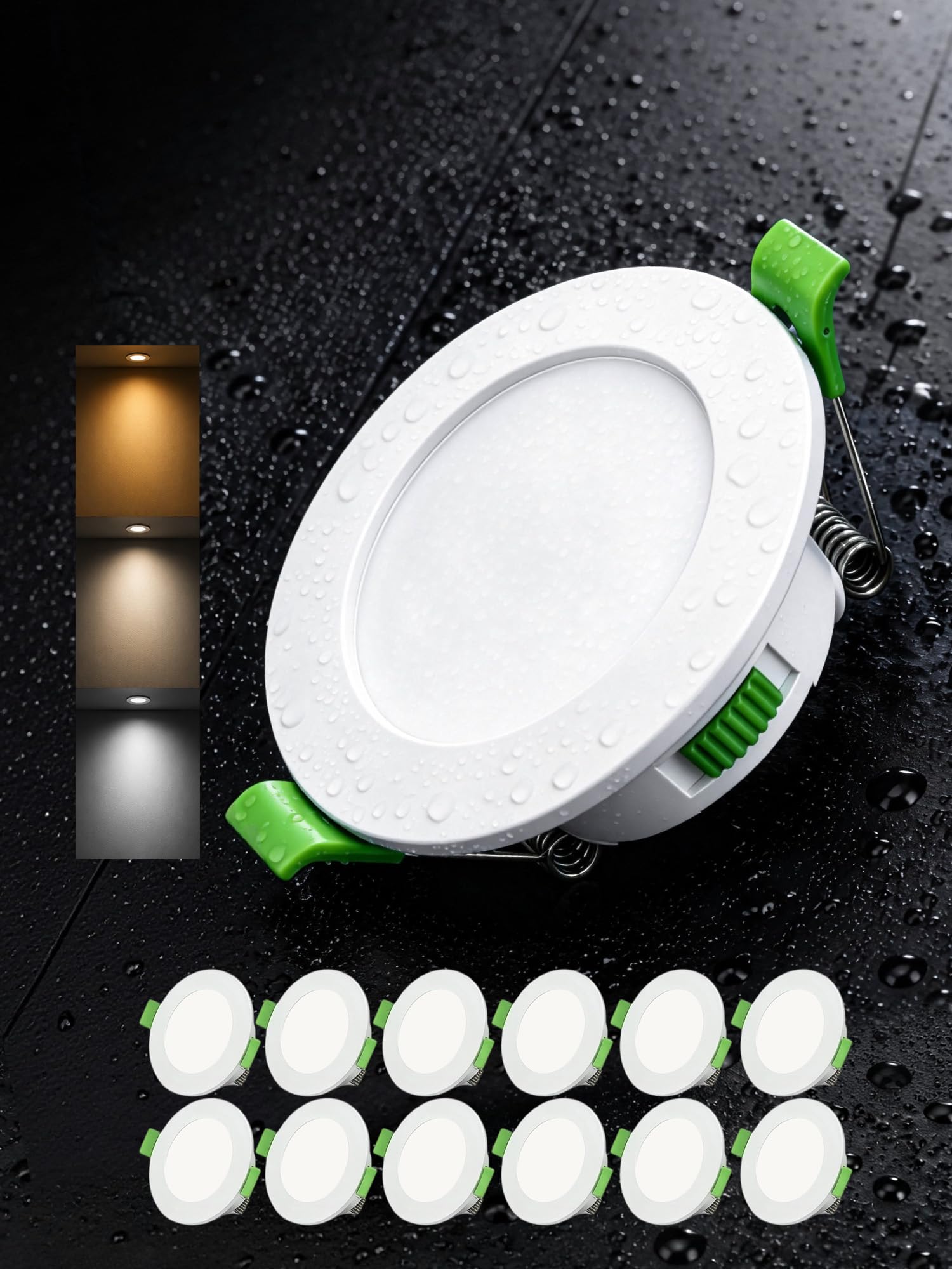 WARMELLE 5W LED Downlights Spot Lights 12 Pack White, Dimmable 3000K/4000K/6500K Selectable Bathroom Light, IP65 Recessed Ceiling Light for Living Room,Bedroom,Kitchen,CRI>80,400-450LM,CutoutΦ68-78mm
