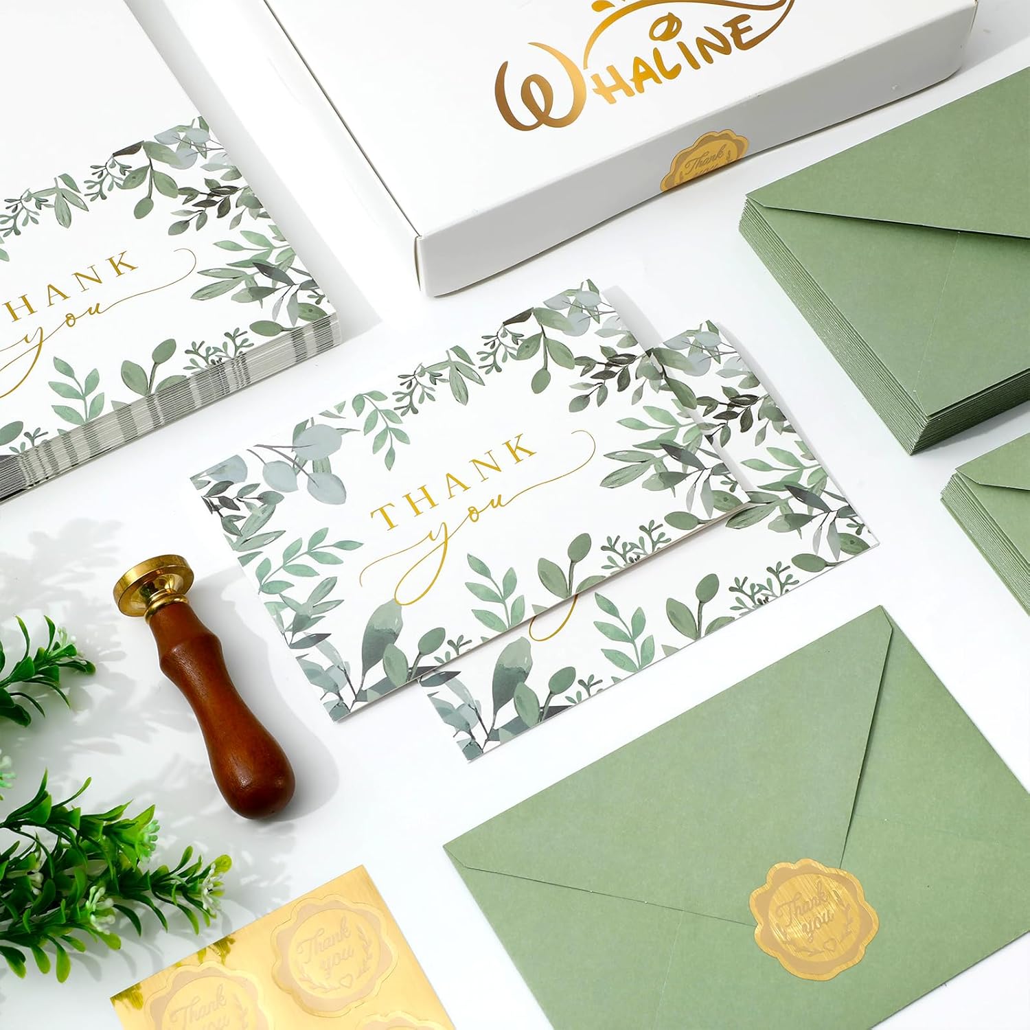 Whaline 50 Pack Greenery Thank You Cards Boxed Green Eucalyptus Leaves Foil Gold Thank You Note Cards with Envelopes Stickers for Wedding Bridal Shower Birthday - Image 4