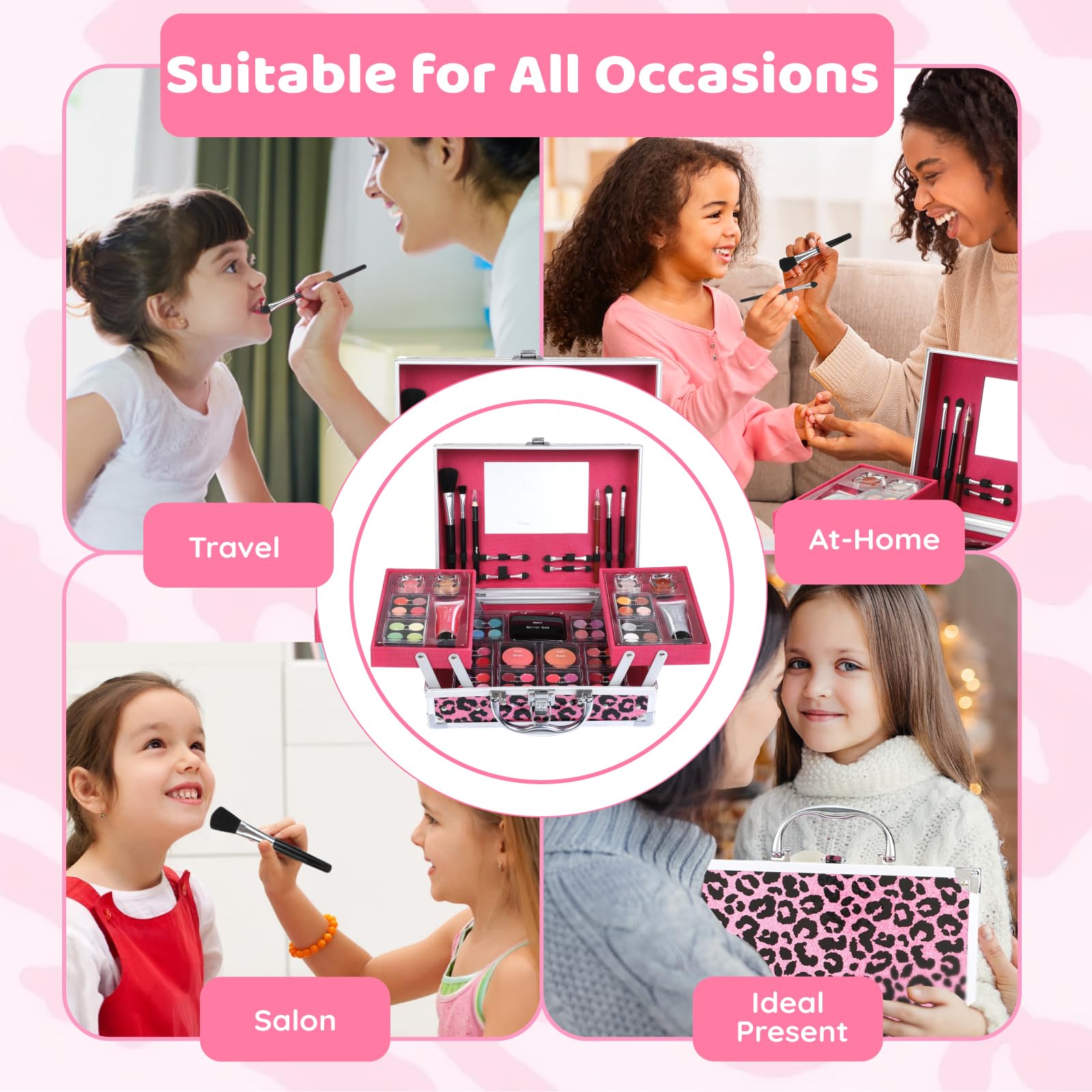 Anpro Estuche de Maquillaje Todo en Uno con Diseño Leopardo, Incluye Set de Maquillaje Profesional para Adolescentes, Pinceles, Paleta de Sombras, Regalo Ideal para Niñas - Rosa Leopardo