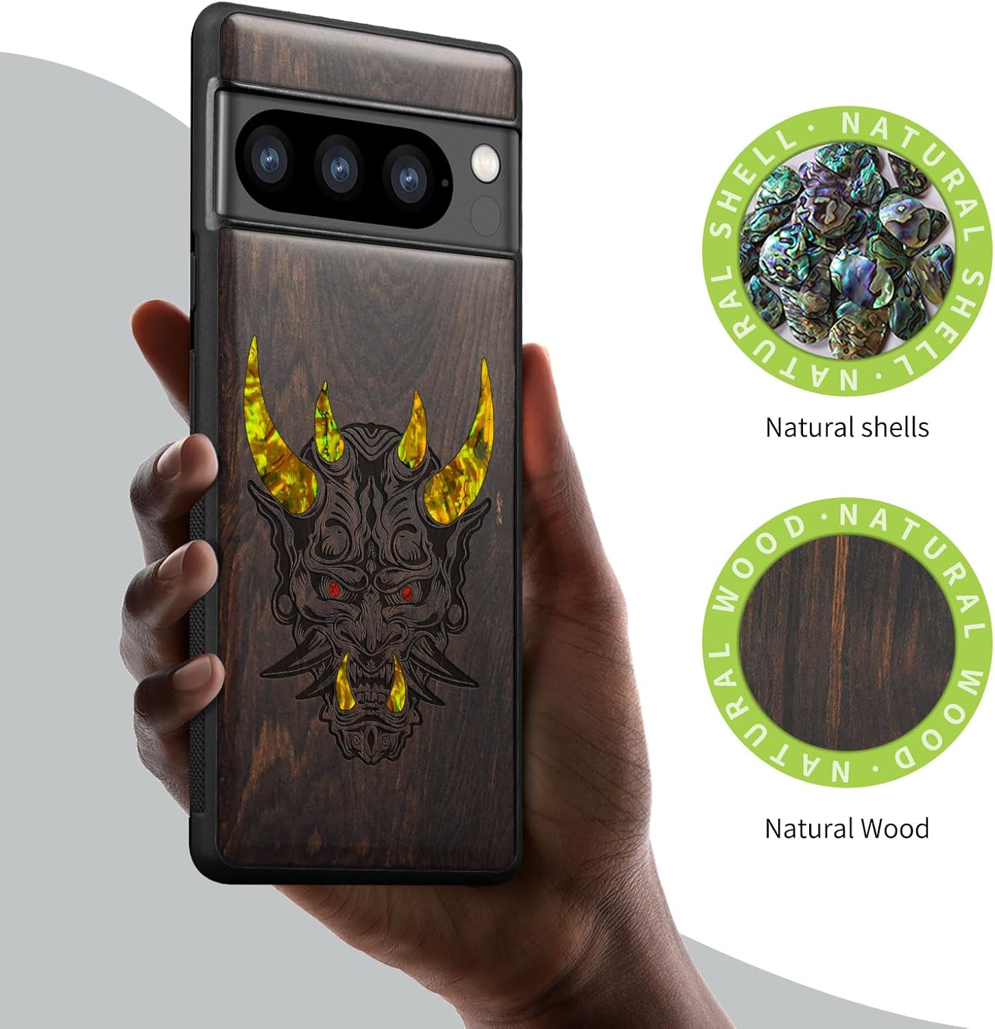 Carveit Designer Wooden Case for Google Pixel 8 Pro Case Cover [Wood Engraving & Shell Inlay] Compatible with Wireless Chargers Pixel 8 Pro (Japanese Oni Mask-Blackwood)