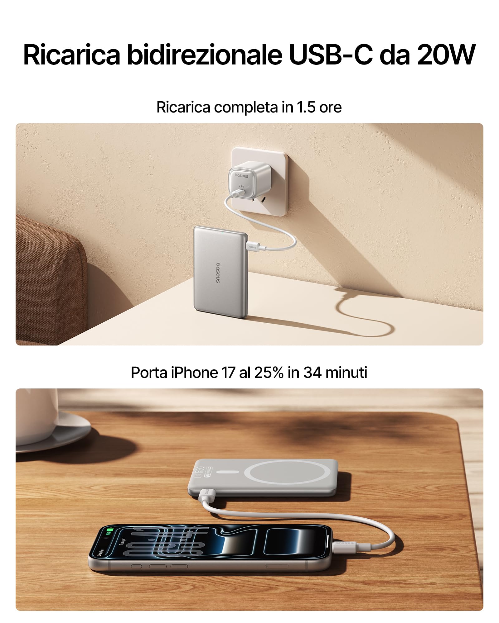 Baseus Picogo AM31 Power Bank MagSafe 5000mAh, 20W Batteria Magnetica Ultra Sottile, Ricarica Rapida, Batteria Esterna Wireless con cavo USB-C per iPhone 17/16/15/14/13/12, Titanium