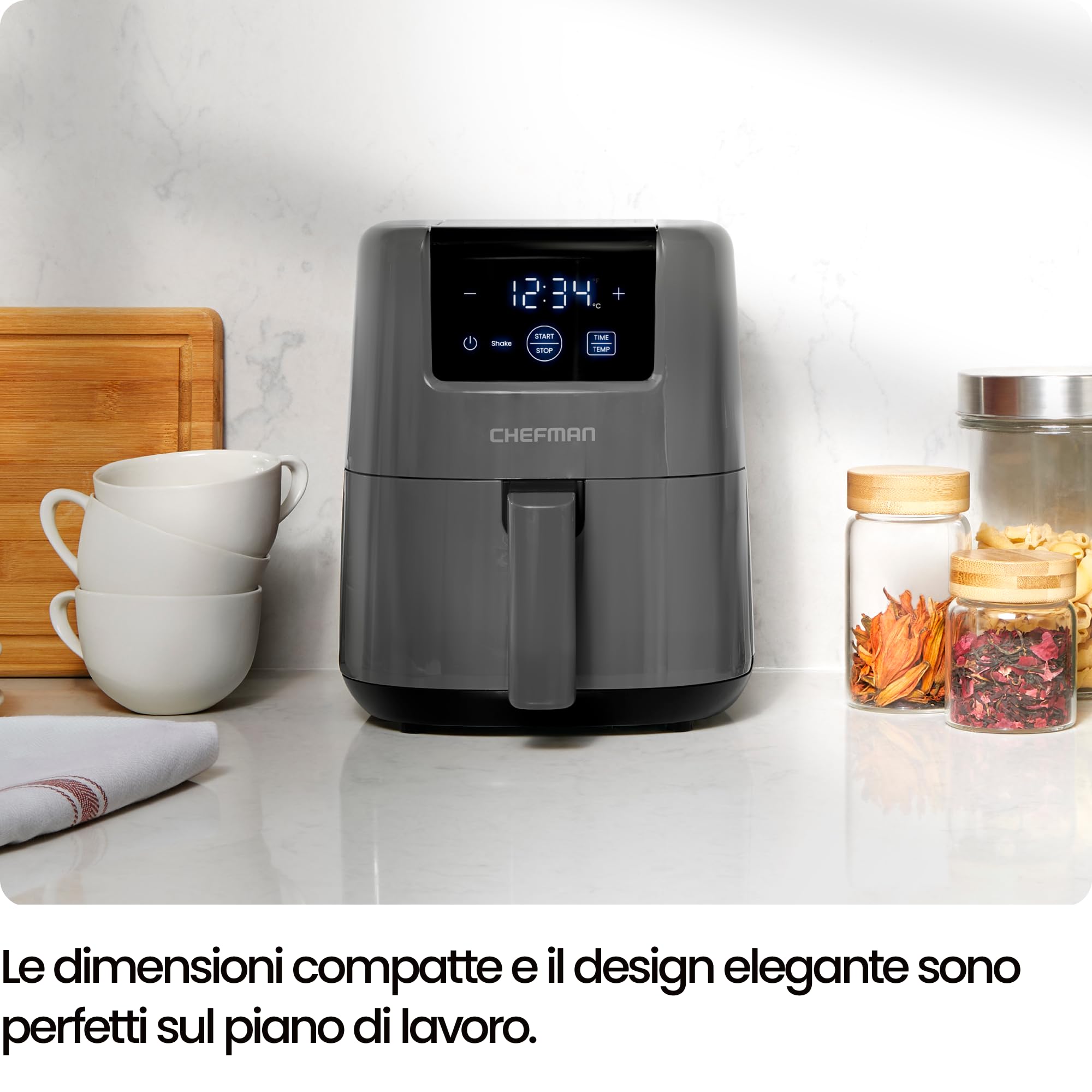 Chefman Mini Friggitrice ad Aria 2L Digitale, Cestino Antiaderente | Compatta, lavabile in lavastoviglie, frittura ad aria, Grigio