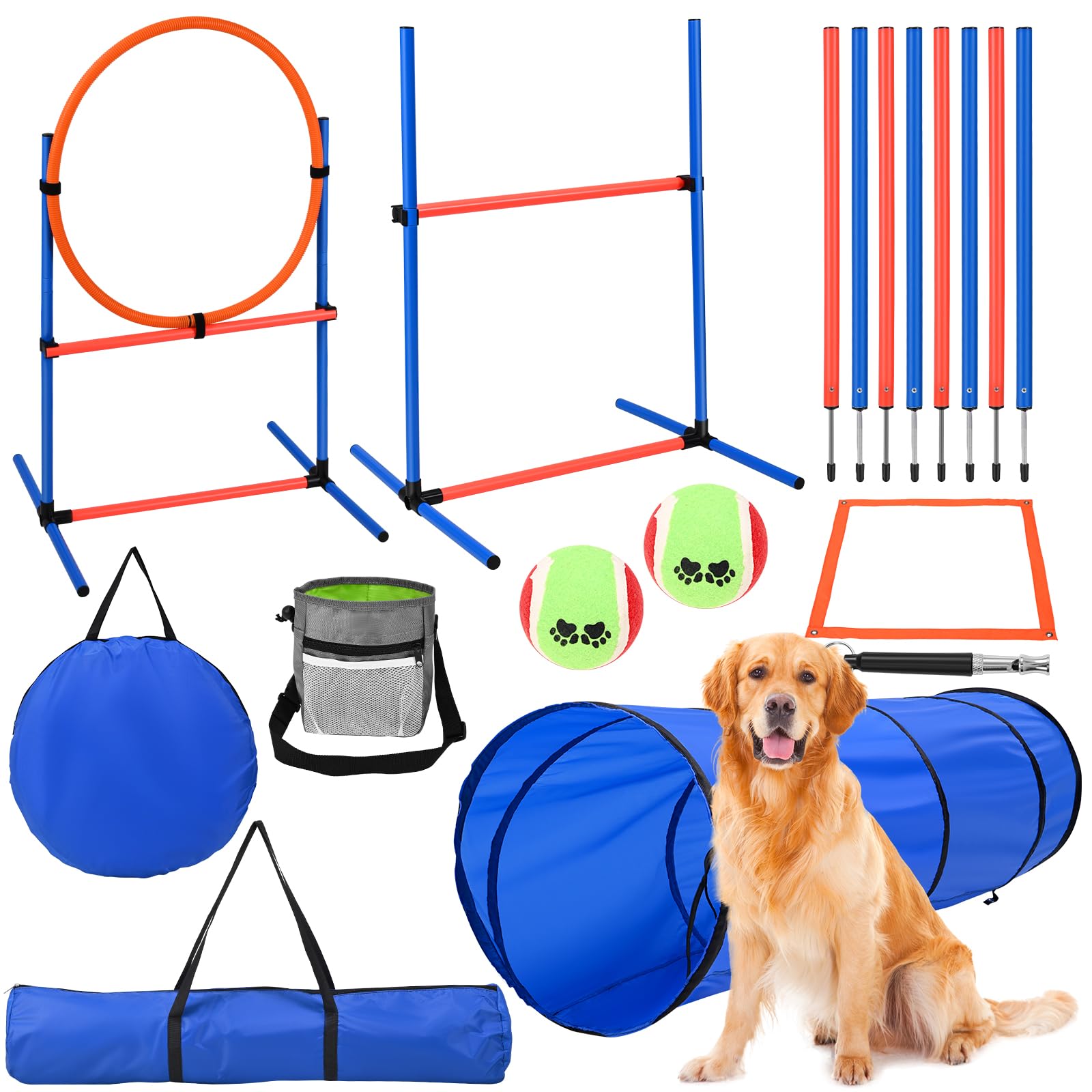 Equipo de Entrenamiento de Agilidad para Perros, Vallas de túnel para Perros, 8 Postes de eslalon, Vallas de Altura Ajustable, Parque, Cuenco Plegable
