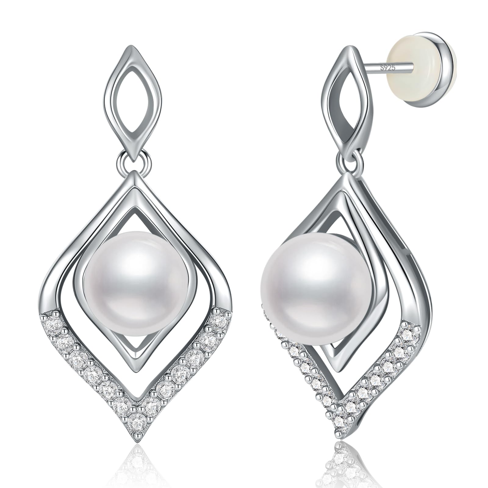 Sterling Silver Infinity/Bow Tie/Tear Drop Pearl Earrings - Cubic Zirconia Pearl Jewelry Packaged in Preserved Red Rose Box - Perfect for Anniversary,