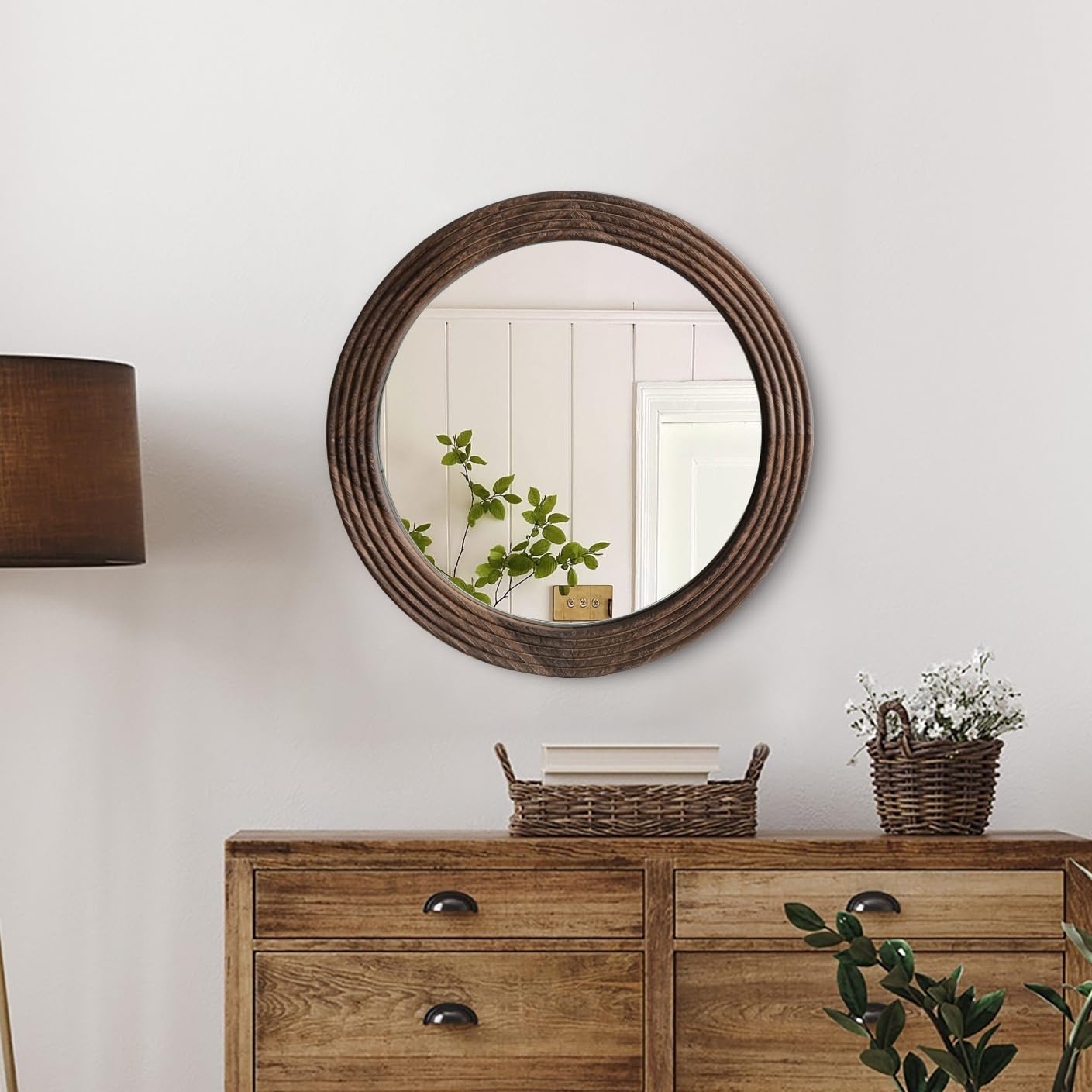 Losour Coffee Round Mirror, Farmhouse Decor Solid Wood Frame Wall Circle Mirror, Decorative Mirrors For Bathroom Over Sink, Living Room, Entryway,Bedroom, Entryway, Hallway,Foyer (1, 20" L X 20" W)
