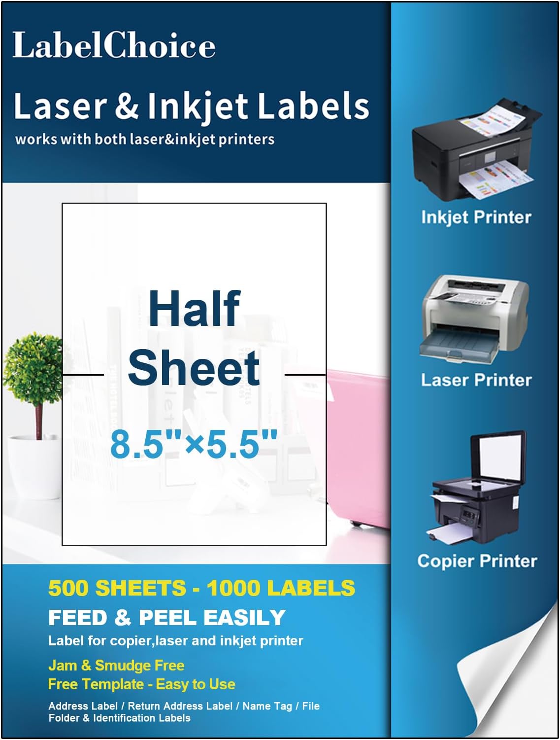 500 Sheets 1000 Pcs Self Adhesive 8.5" x 5.5" Half Sheet Shipping Labels for Laser & Inkjet Printers, 5-1/2 x 8-1/2 2 Up Half Page Shipping Mailing Labels, 2 per Page Shipping Labels