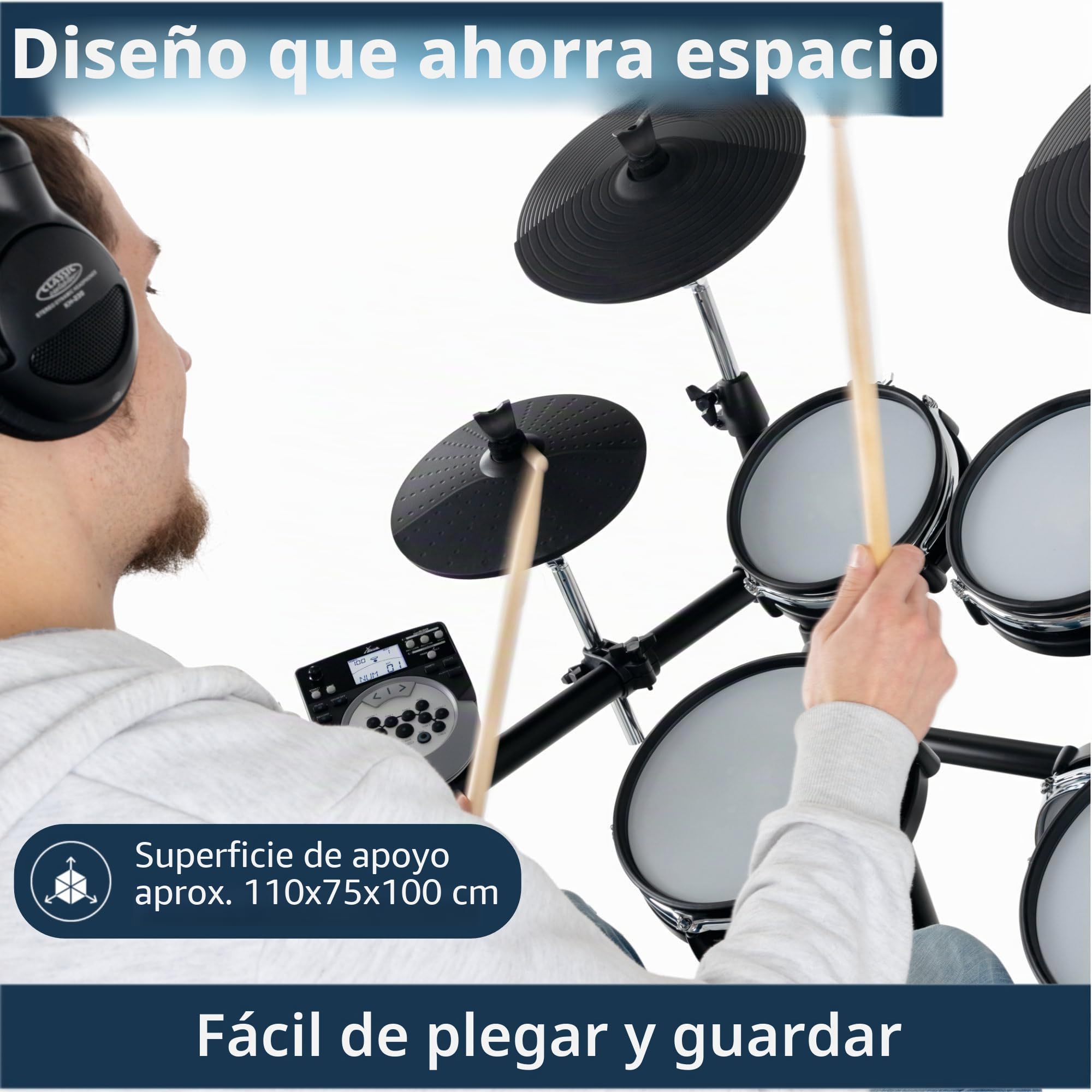 XDrum DD-530 Set de Batería Electrónica con Parche Mesh, Rack para batería | 4 pads de batería estéreo con parches mesh (2 x 8", 2 x 10"), 3 pads de platillos estéreo (HiHat 10", Crash 12", Ride 12")