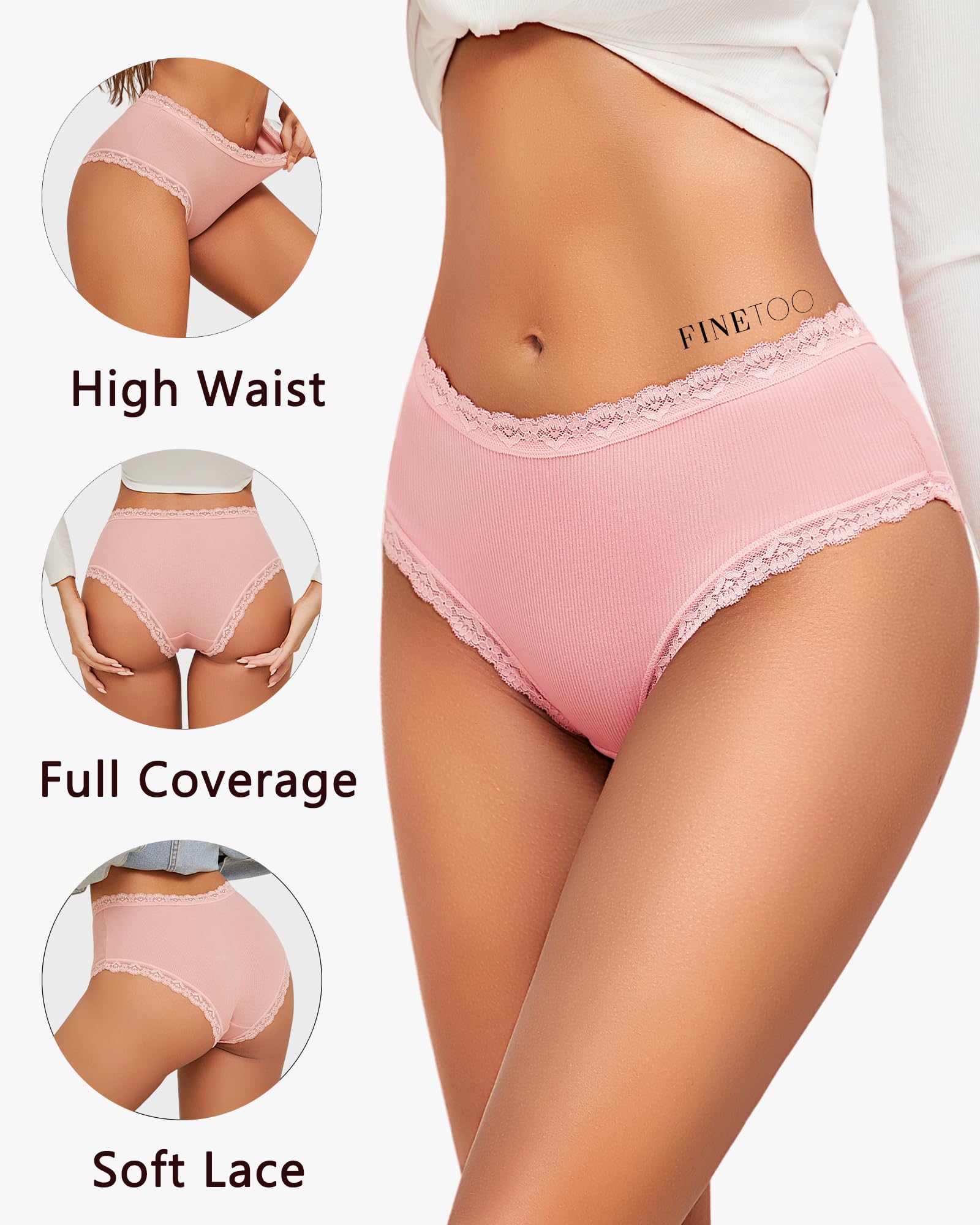 FINETOO Cotton Underwear for Women Sexy Boy Shorts Breathable Cheeky Lace Trim Panties Womens Underwear 6 Pack: Black+white+skin Tone+pink+gray+brick Yellow Small