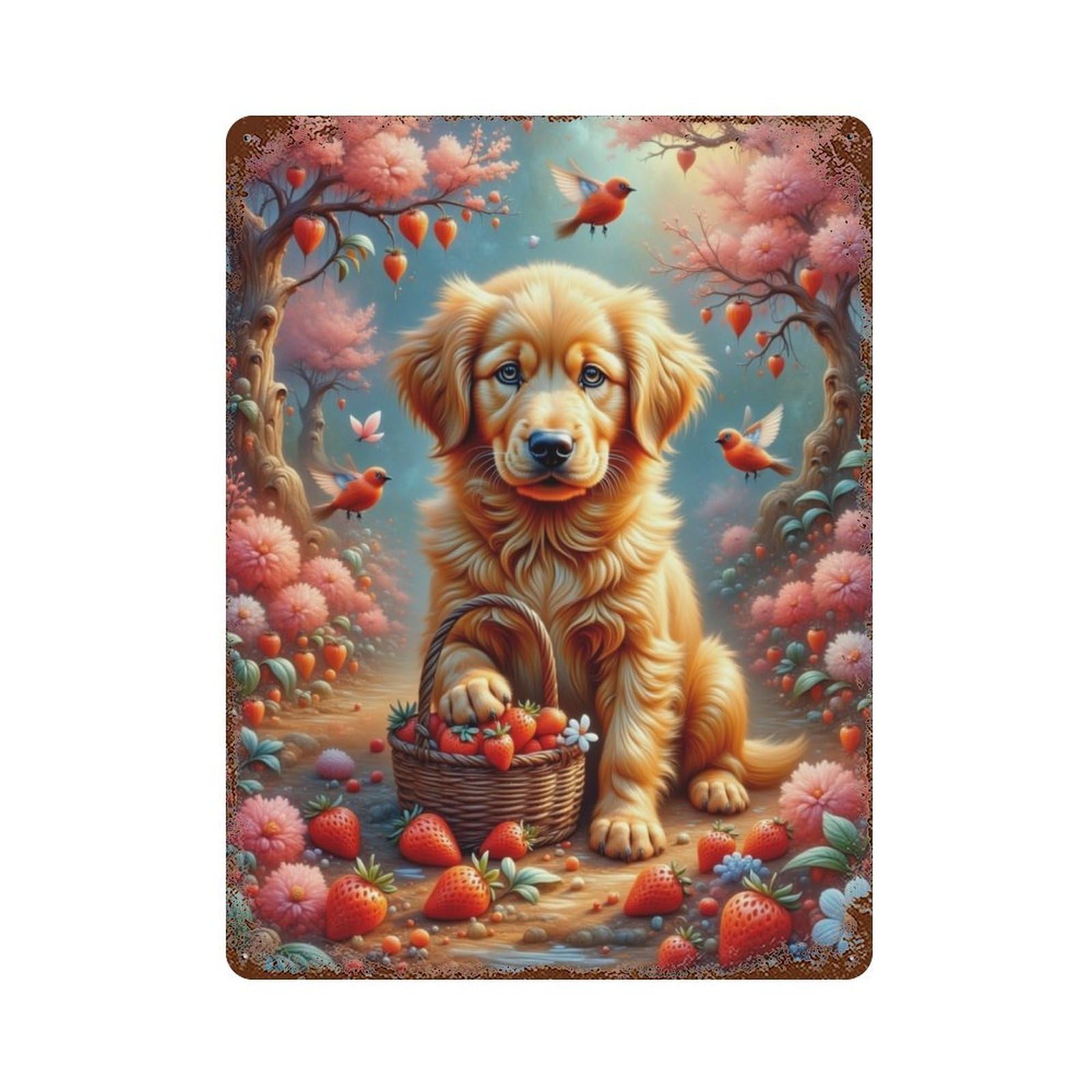 Weathered Tin Sign with Golden Retriever Basket Strawberries Design 15.7"x11.8", for Office, Studio And Wall Decor, Retro Wall Decor