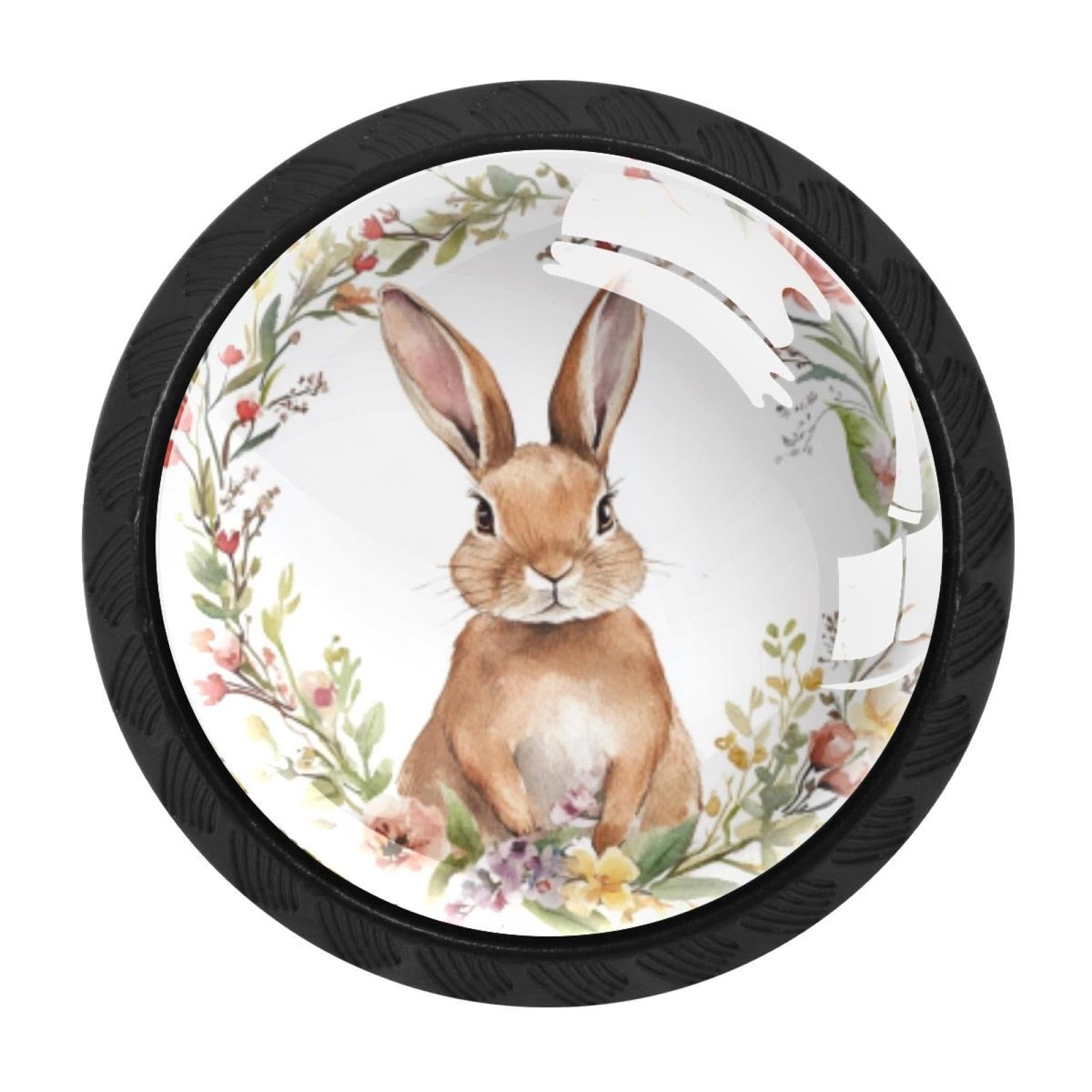 CHENZZZZ Brown Rabbit in Floral Wreath Cabinet Knobs 4 Pieces Drawer Kitchen Cabinets Dresser Cupboard Wardrobe Unique Pulls Handles