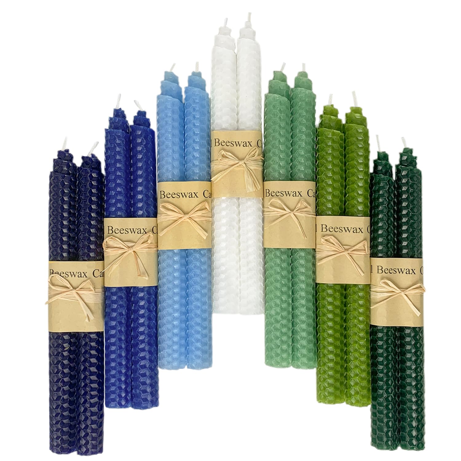 Lacaser Velas cónicas de cera de abeja natural a granel, paquete de 14 unidades, varillas de vela de 9 pulgadas de largo, velas hechas de cera de abeja sin perfume y sin goteo, azul, blanco y verde en