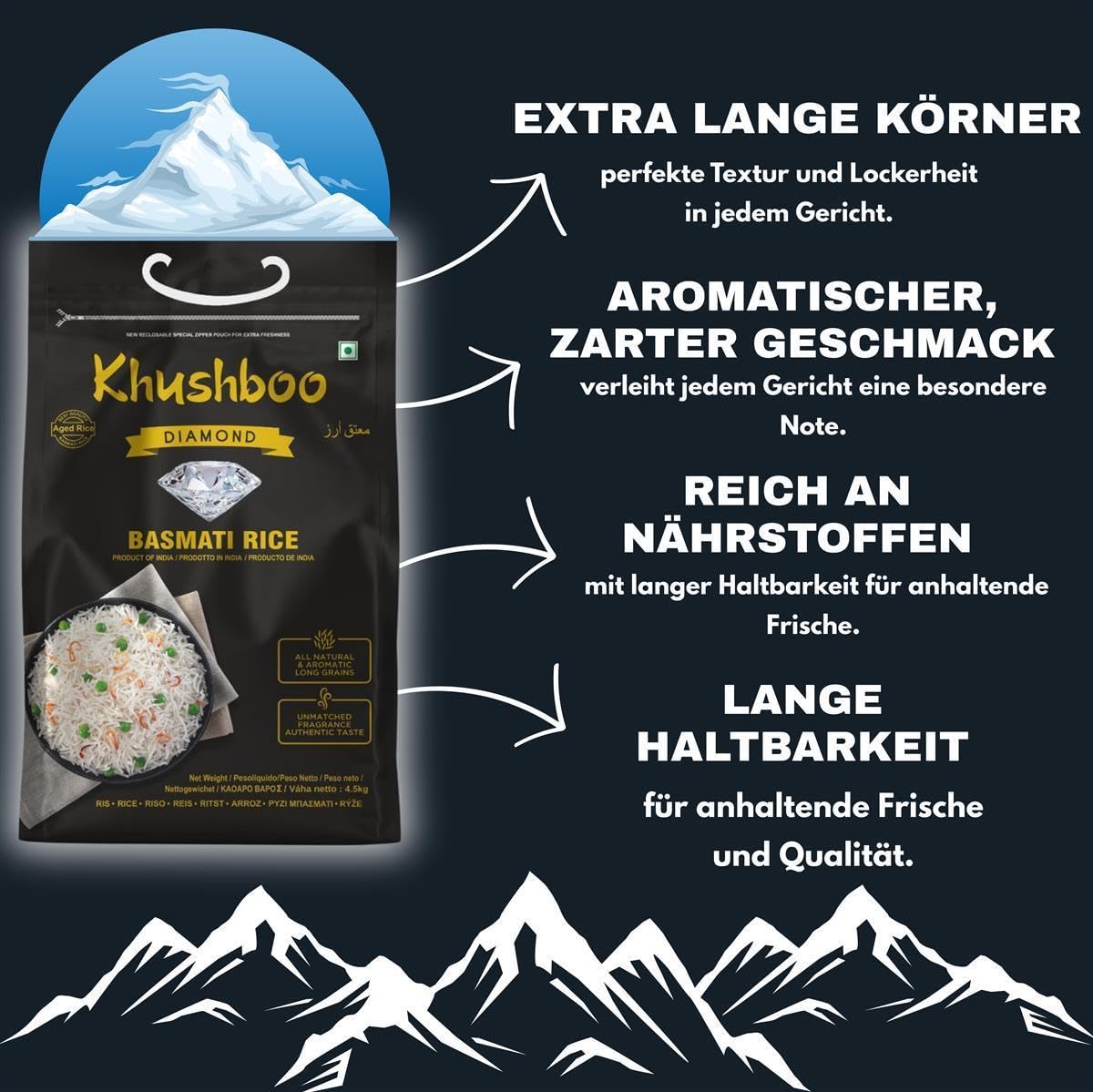 Khushboo Diamond Basmati Reis - 3x 18 kg - indischer Langkornreis 2 Jahre gereift - höchste Qualität – natürlich & ohne Zusätze - Duftreis für Djuvic & Curry - Herstellung am Himalaya in Indien