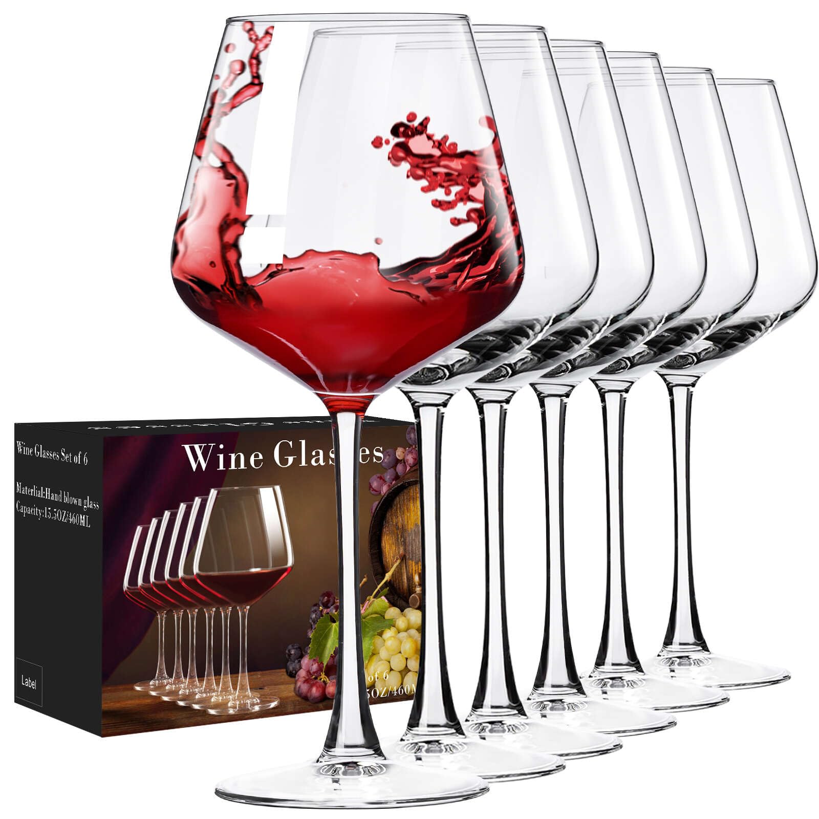 PARACITY Wine Glasses, Hand Blown Wine Glasses, Burgundy Wine Glass for Red and White Wine, 16oz Red Wine Glasses for Women, Men, Wedding and Birthday (16 oz, 6, Count)