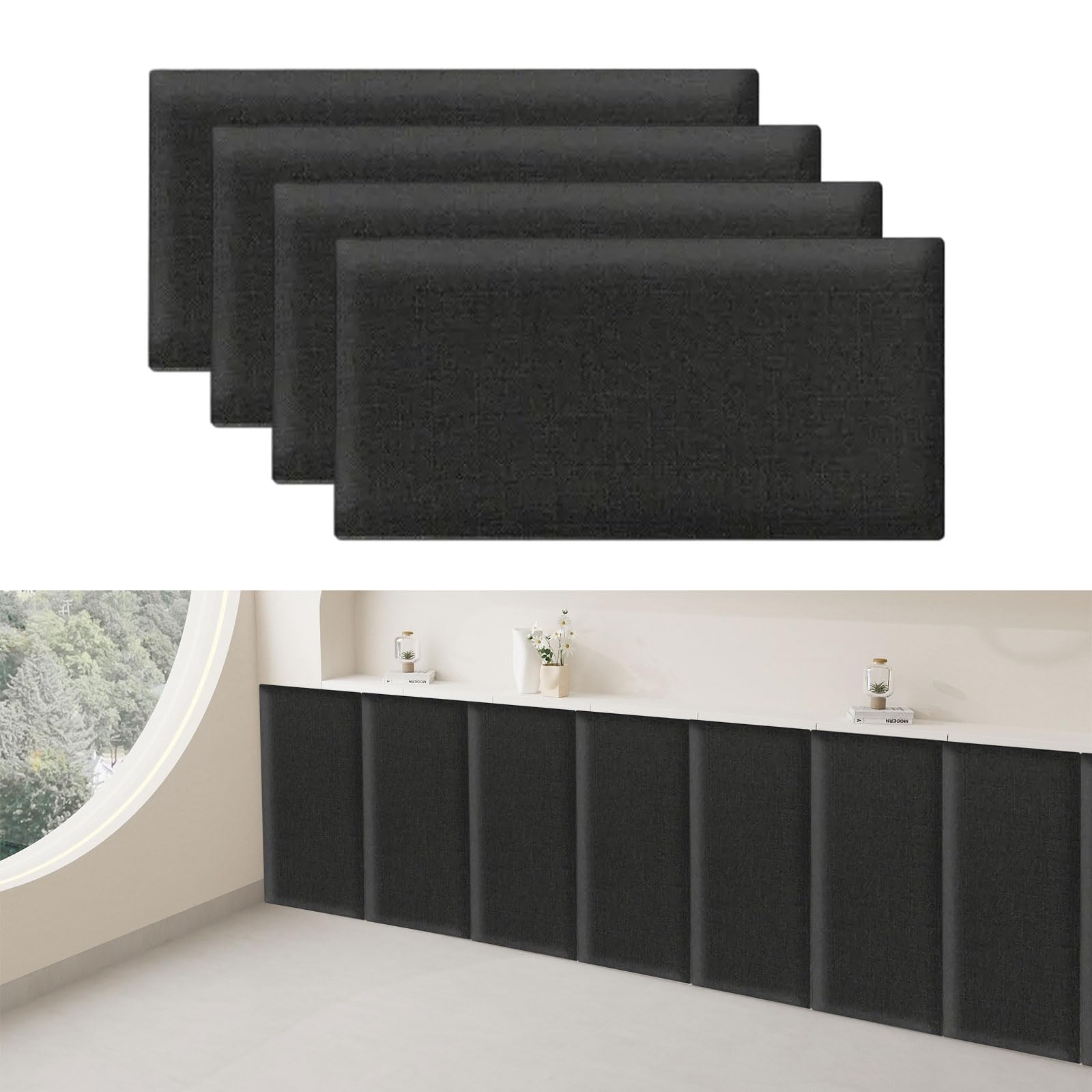 Tokenhigh Anti Collision Wall Padding, 40x20cm Peel and Stick Headboard Panels, Shockproof Self Adhesive Wall Cushions, Upholstered Padded Wall Panels for Nursery & Playroom (Black)