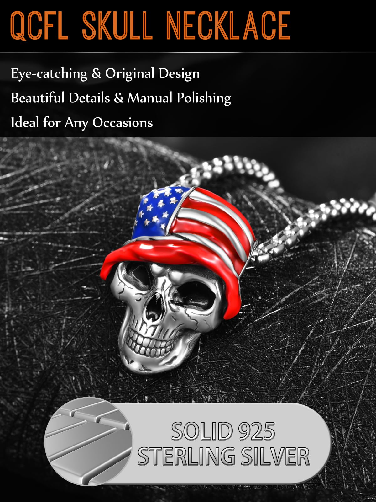 QCFL Skull Necklaces for Men, 925 Sterling Silver Mens Pendant Necklace, Cool Gothic Skull Jewelry Halloween Jewelry Gifts for Men Husband Him Father Son: American Flag