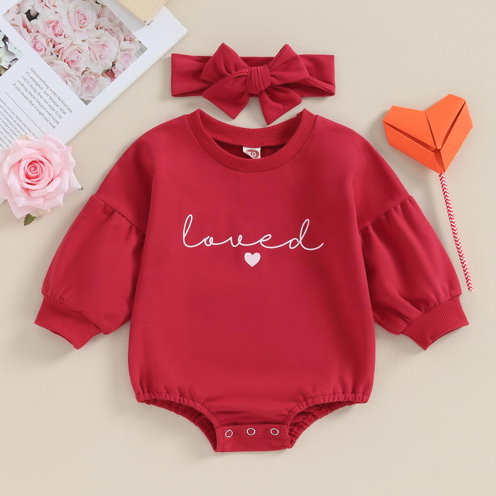 YINGISFITM Newborn Baby Girl Valentines Clothes Long Sleeve Onesie Bubble Romper Fall Winter Cute Outfits (Puff Sleeve Red, 0-3 Months)