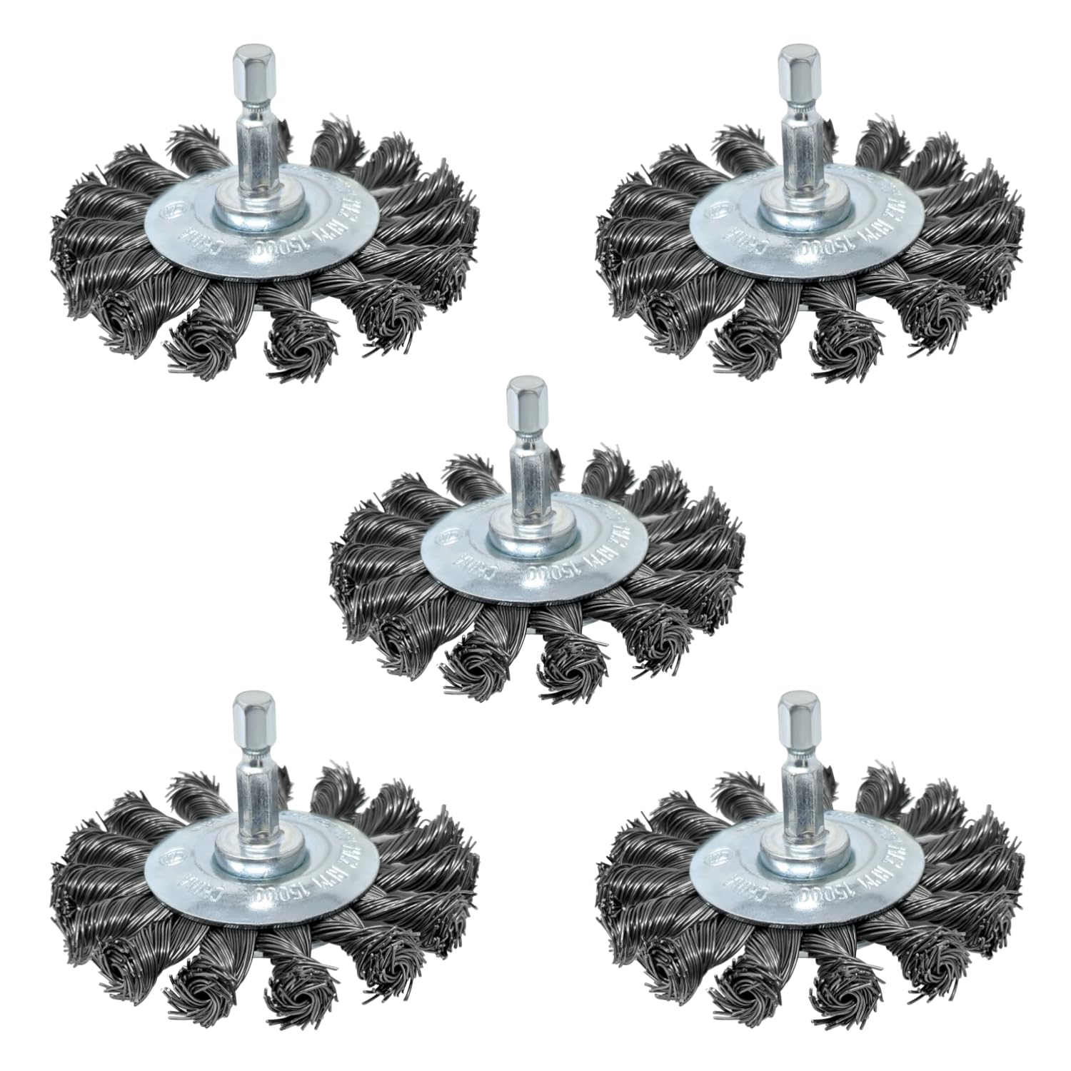 LINE10 Tools 5pk 3" Knotted Wire Brush for Drill Set, 1/4" Hex Shank Impact Twisted Wire Brush Attachments for Metal Welding Cleaning, Heavy Duty Round Circular Wheel Brushes Rust Paint Removal Kit