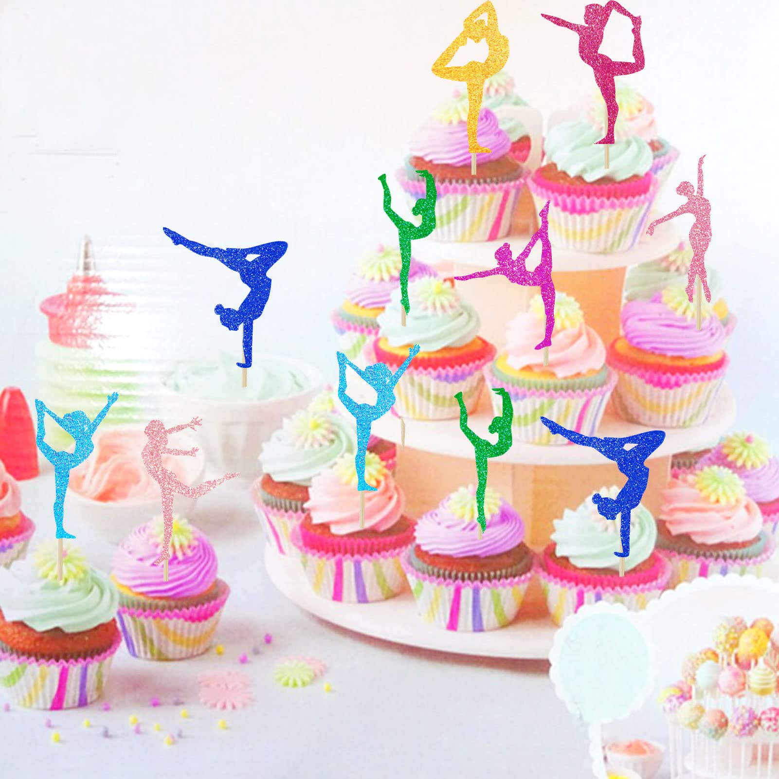 Tarklanda 25 szt. Gimnastyka Happy Birthday dekoracje tortowe brokat gimnastyczka dziewczyna babeczki toppery kolorowa sylwetka dla tematu baby shower artykuły imprezowe