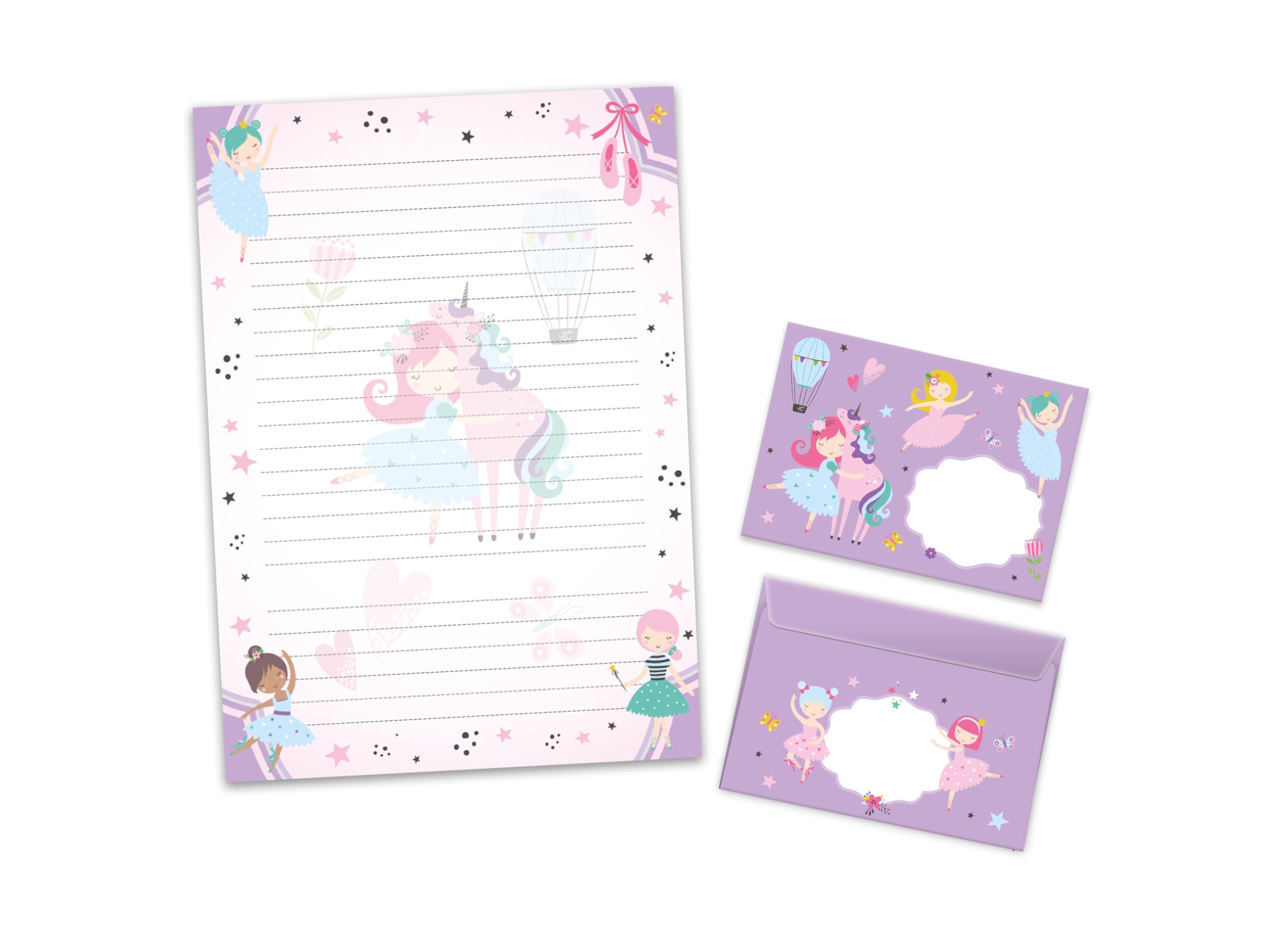 Writing Paper Set Letter Pad with Envelope for Girls Children Ballerina Unicorn Purple (A4 Pad with 25 Sheets + 15 Envelopes)