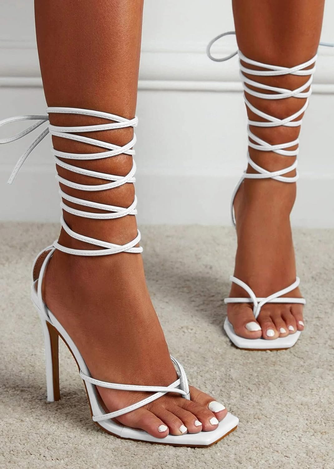 PiePieBuy Women's Lace Up Heeled Sandals Square Flip Flop High Heels Strappy Party Shoes - Image 5