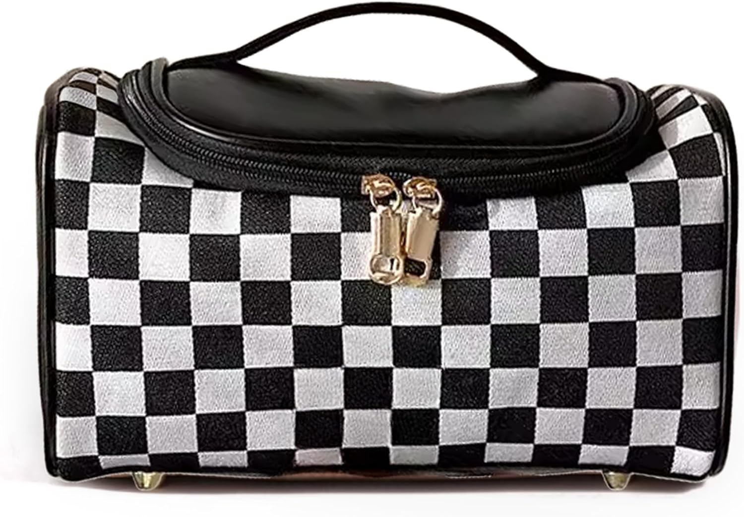 Vintage Makeup Bag for Women Portable Retro Checkered Pattern Cosmetic Organizer Patchwork Style Pillow Storage Pouch Skincare Storage Bag Large Capacity Elegant Handheld Waterproof Handbag (Black)