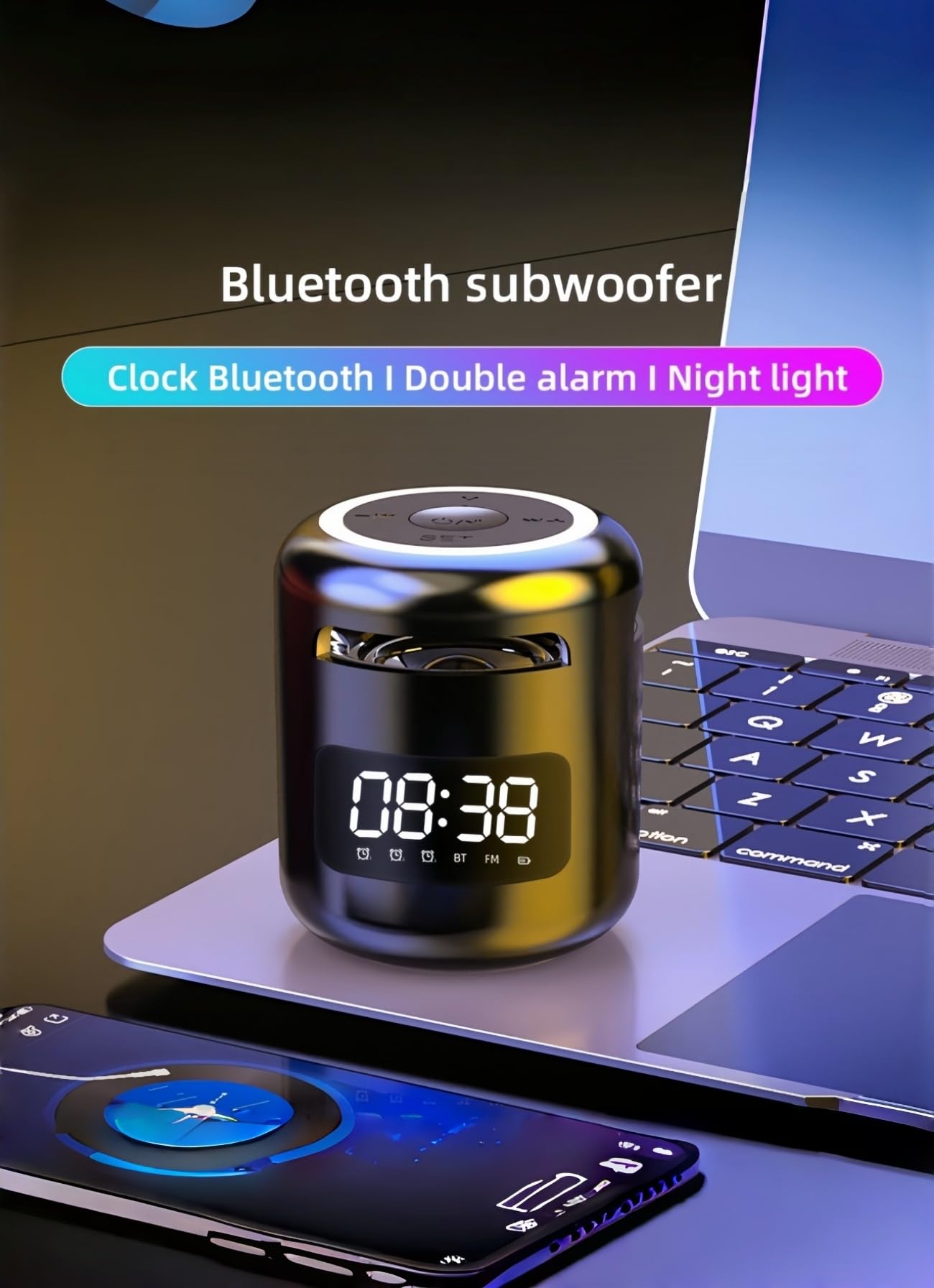 Sveglia Bluetooth ricaricabile, subwoofer portatile Hi-Fi per esterni, cassa acustica compatta con radio FM, audio da viaggio per casa o campeggio (Black)